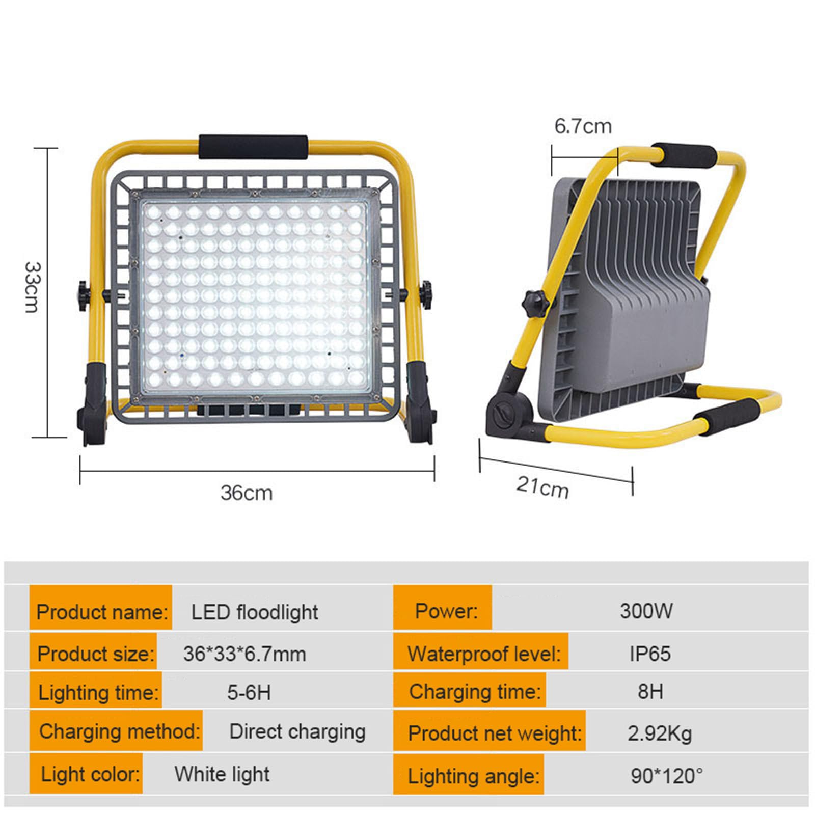 300W LED Robocza Lampa, IP65 Wodoodporna LED Flood Reflektor z Trójkątnym Regulowanym Uchwytem, ​​Przenośna Lampa Robocza do Warsztatu Naprawy Samochodów