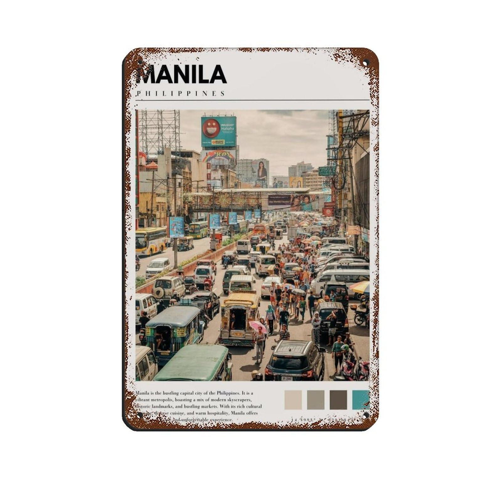 Manila Philippines Poster Manila Art Retro Poster Metal Tin Sign Chic Art Retro Iron Painting Bar People Cave Cafe Family Garage Poster Wall Decoration 8x12inch(20x30cm)