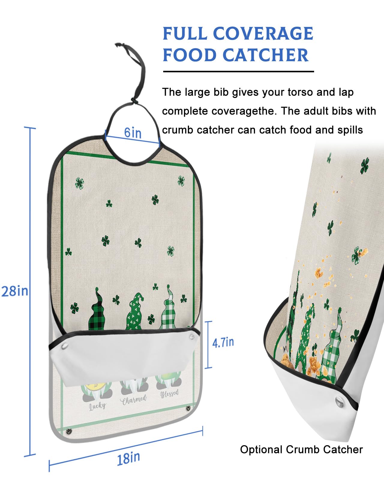 St. Patrick's Day Adult Bibs for Eating, Waterproof Bibs with Food Catcher & Adjustable Snap Closure, Green Striped Board Gnomes Clover Washable Clothing Protectors Adult Bibs for Elderly Women/Men