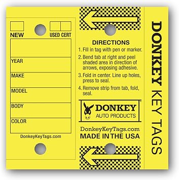 Donkey Key Tags - Half Pack - Laminated Self-Protecting 125 Tags Per Box with Metal Rings Yellow