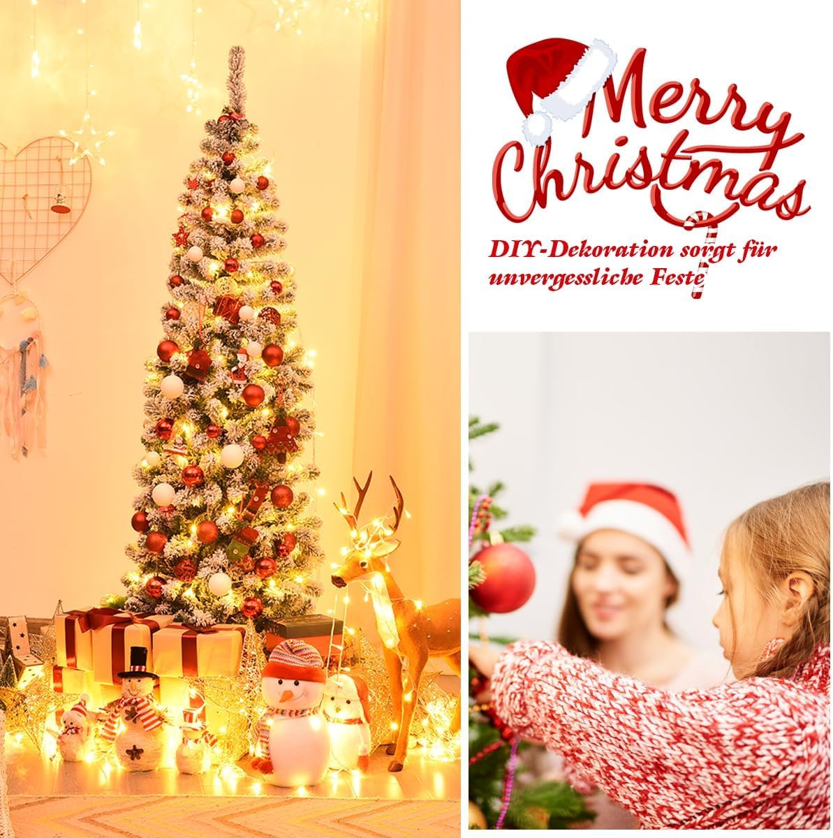 GOPLUS 135/180/225 cm Árbol de Navidad Artificial con Luces LED & Nieve & Soporte de Metal Plegable, Decoración Navideña de Árbol Nevado Esbelto y Flocado (180 cm)