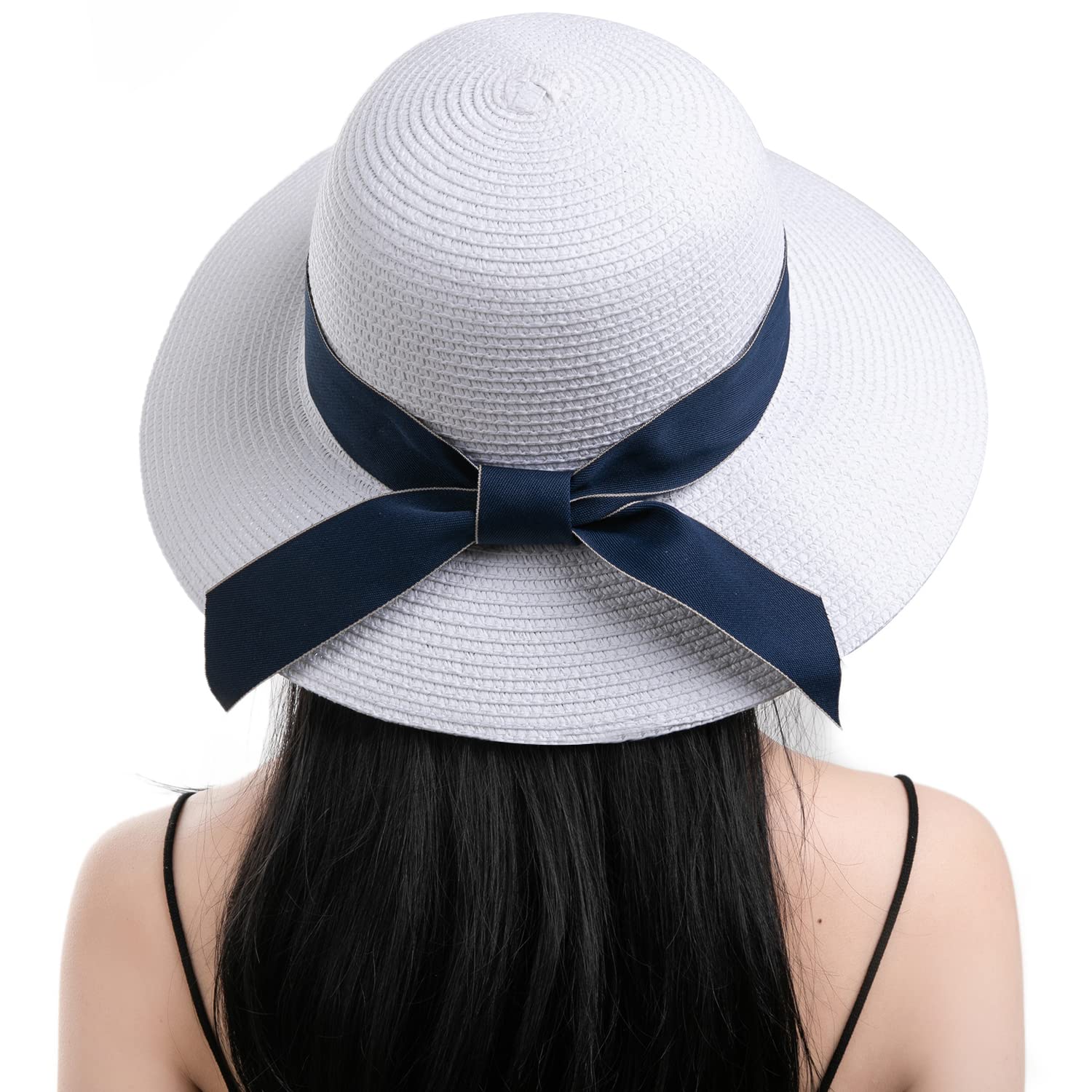 FARVALUEWomen's Sun Beach Straw Hat Foldable Floppy Hats Summer UV Protection Wide Brim with Bowknot for Travel Beach Cap