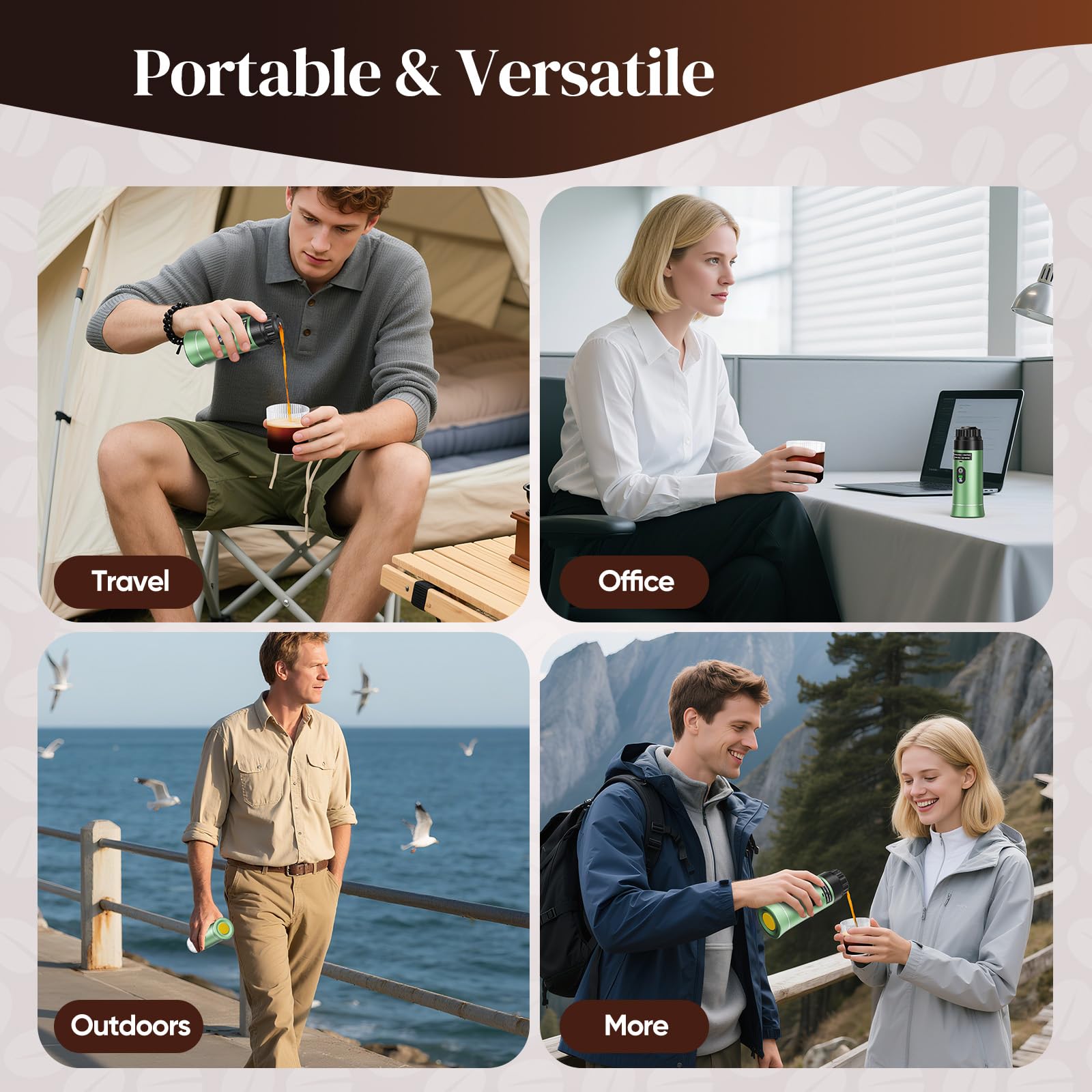 Macchina per caffè Espresso Portatile, Macchina per Caffè Elettrica 3 in 1, Caffettiera Portatile da Campeggio, Mini Autoriscaldante, Compatibile con Caffè Macinato e Capsule (Verde)