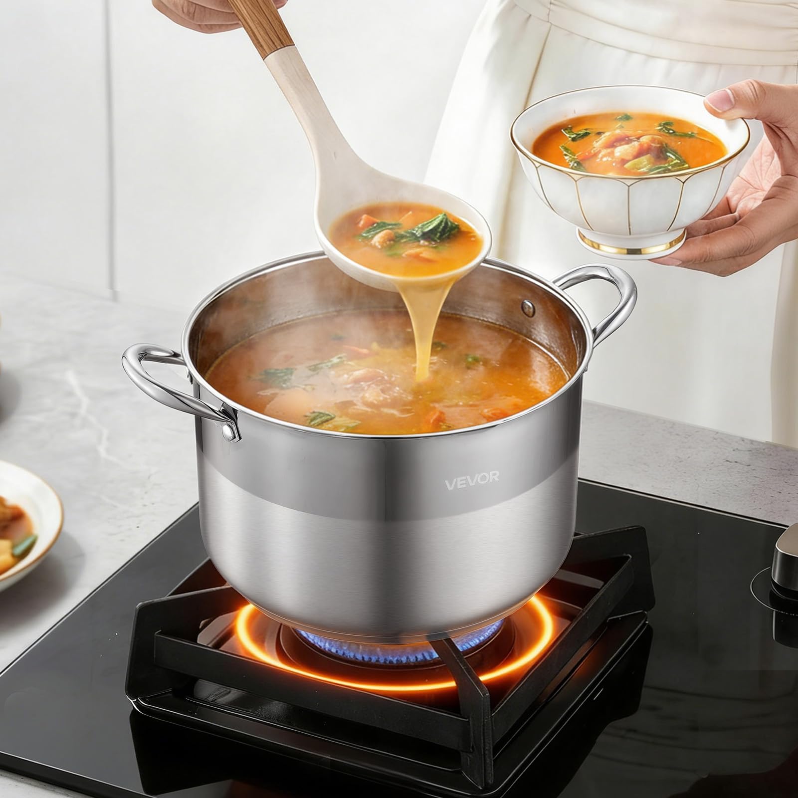 VEVOR Edelstahl Kochtopf 15,1 L Großer Suppentopf mit Glasdeckel Induktionsgeeignet Hochwertiger Nudeltopf PFOA-frei PFAS-frei für Gasherd Elektrokochfeld Ideal für Eintöpfe Pasta Familienportionen