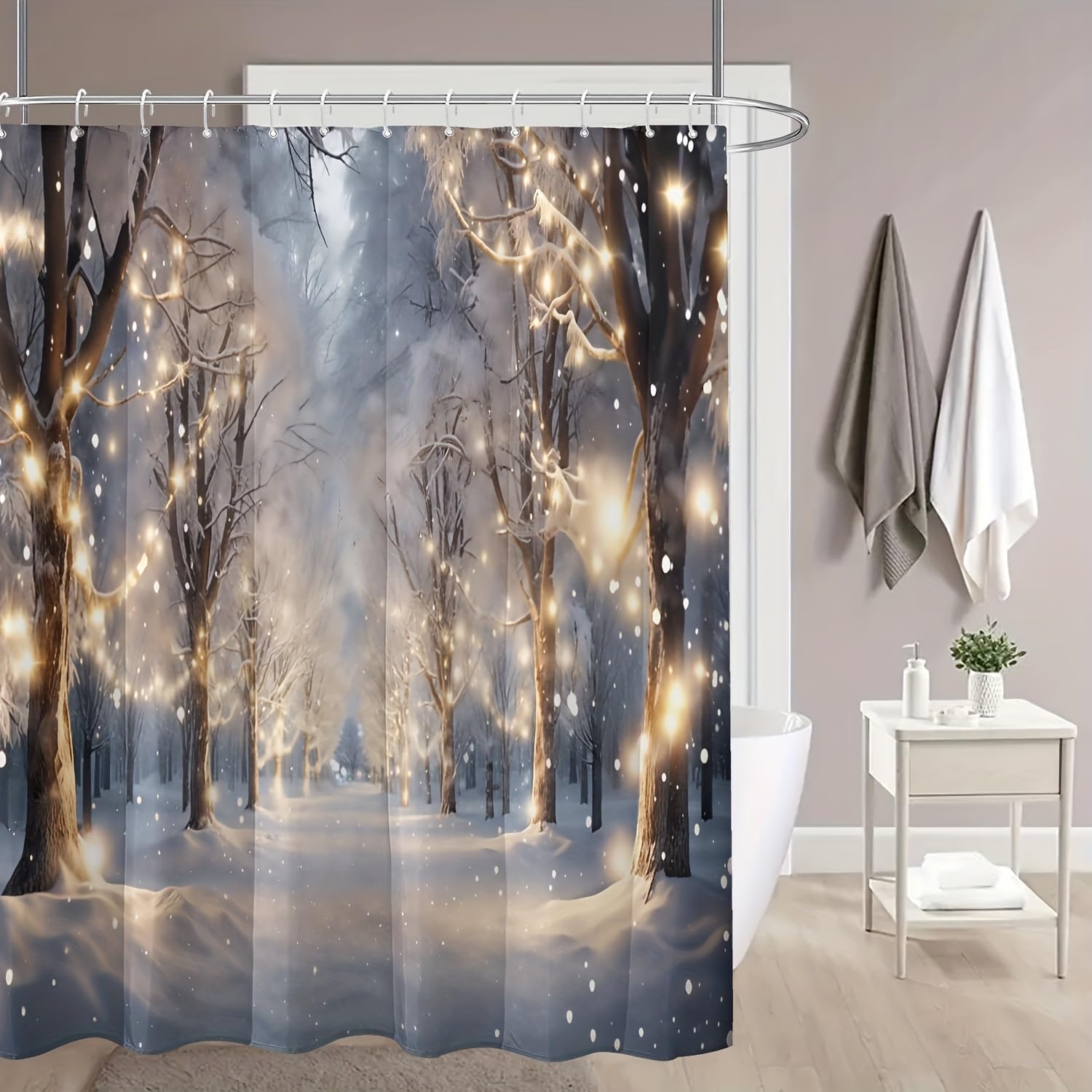 GLWDMB 1 Piece 180x180CM Snowy Forest Printed Shower Curtain With Hook, Polyester, for Windows And Walls, Bathtub, Bathroom, Machine Washable, All Season Universal