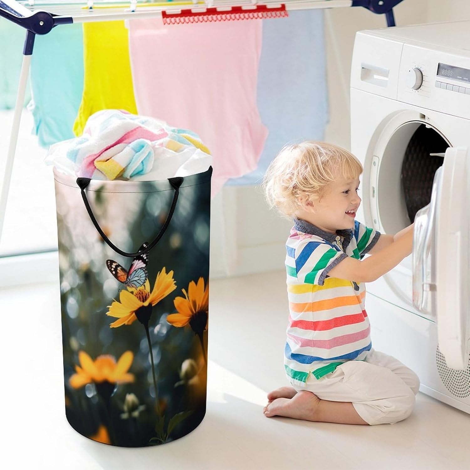 Flowers And Butterfly Laundry Basket Freestanding Laundry Hamper with Handles Waterproof Dirty Clothes Hamper Collapsible Washing Bin Aesthetic Clothes Basket for Bathroom Bedroom Dorm