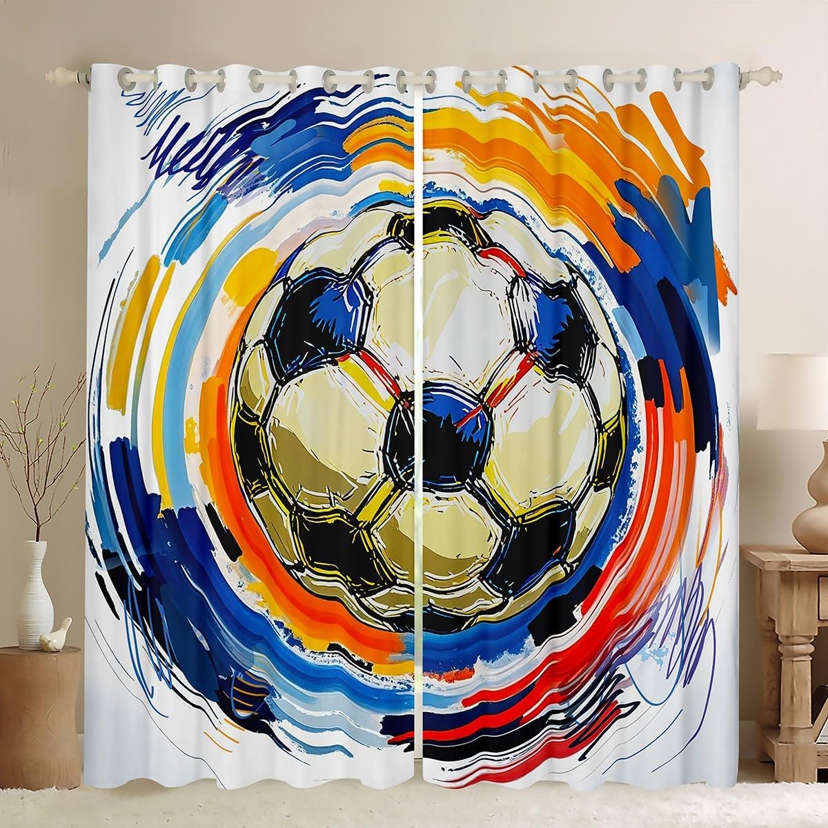 Erosebridal Sports Curtains & Drapes 42" Wx90 L Colorful Graffiti Soccer Window Curtains,Football Blackout Curtains for Boys Kids Teens Bedroom Decor,Sports Window Treatments 2 Panels Watercolor Navy