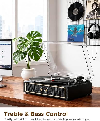 Miniatura 4 de Tocadiscos retro Bluetooth con altavoces integrados, tocadiscos de 3 velocidades de transmisión por correa, control de graves y agudos, reproductor