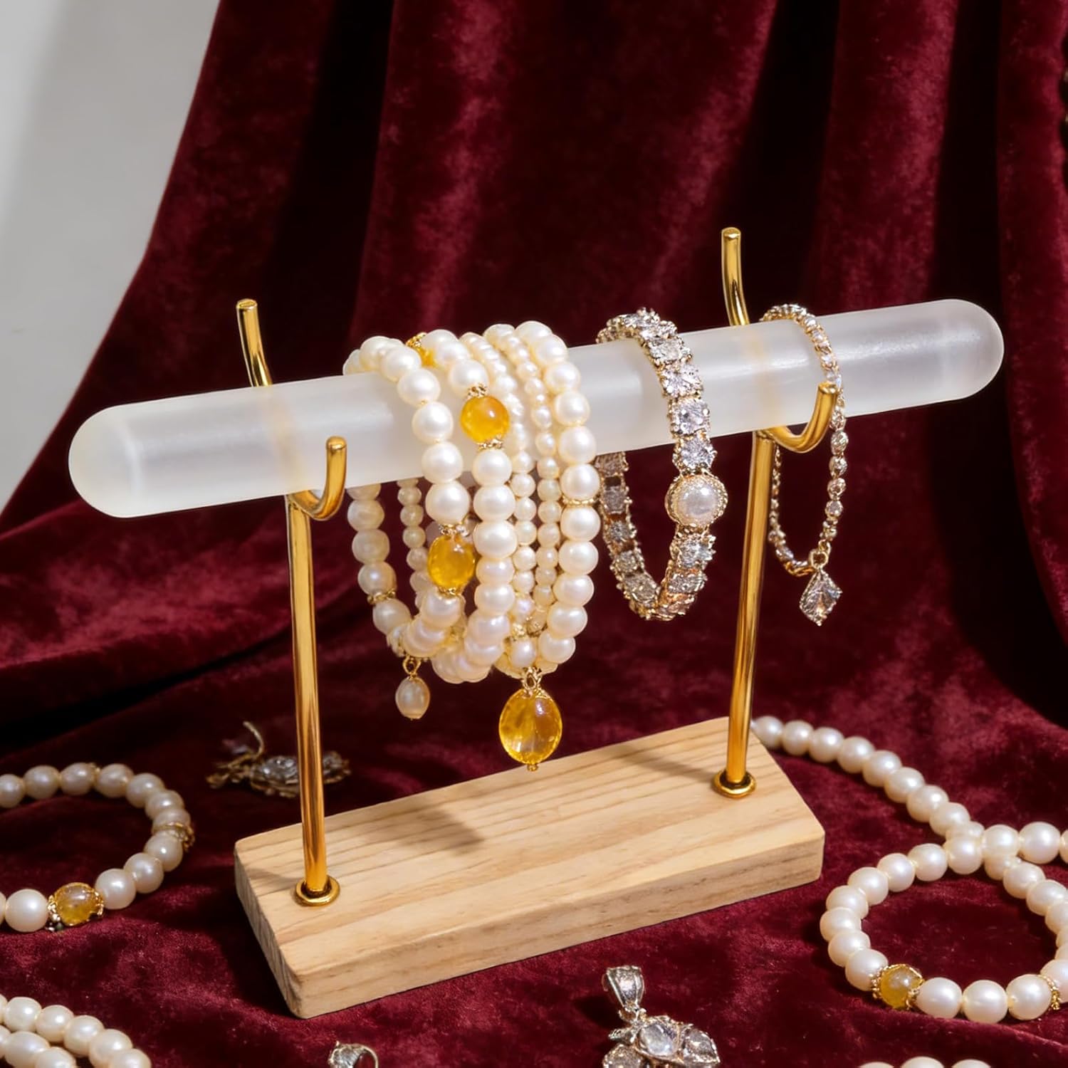 Selenite Bracelet Holder Display Stand, Detachable Crystal Jewelry Wrap Organizer with Wooden Base for Bracelets, Watches, and Bangles, Supporting Charging and Cleansing
