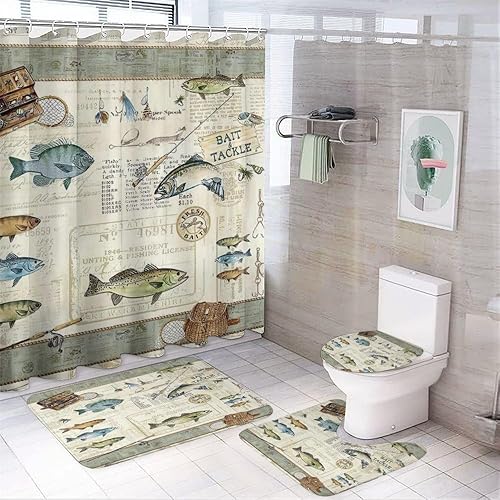 Miniatura 11 de Cortina de ducha de pesca, cortinas de ducha rústicas, decoración de baño, tela de poliéster impermeable, 60 x 72 pulgadas Dragón A1,Pesca