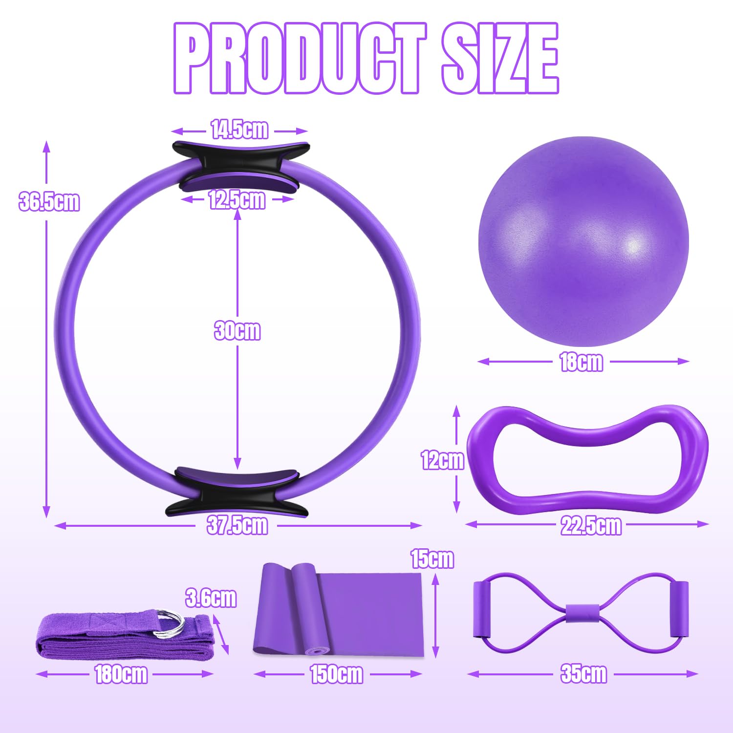 Pilates Ring Set - 6 Pièces, Anneau de Pilates, Ballon de Yoga, Bandes de Résistance, Kit Pilates pour Maison, Kits de Yoga et Pilates Accessoires, Cercle Magique de Fitness Femmes (Violet)