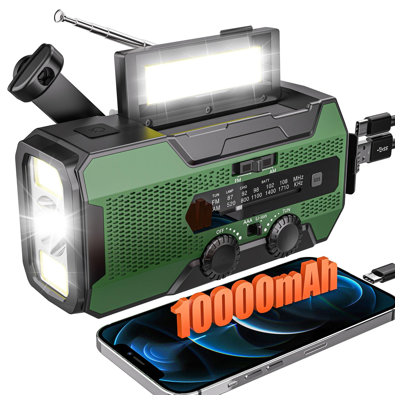 SOLARBABY A1 Radio a manovella, Radio Solare Portatile con 10000mAh Powerbank, AM/FM Radio di Emergenza Solare con Torcia Luce di Lettura Allarme SOS USB per Emergenze Blackout Campeggio, Verde