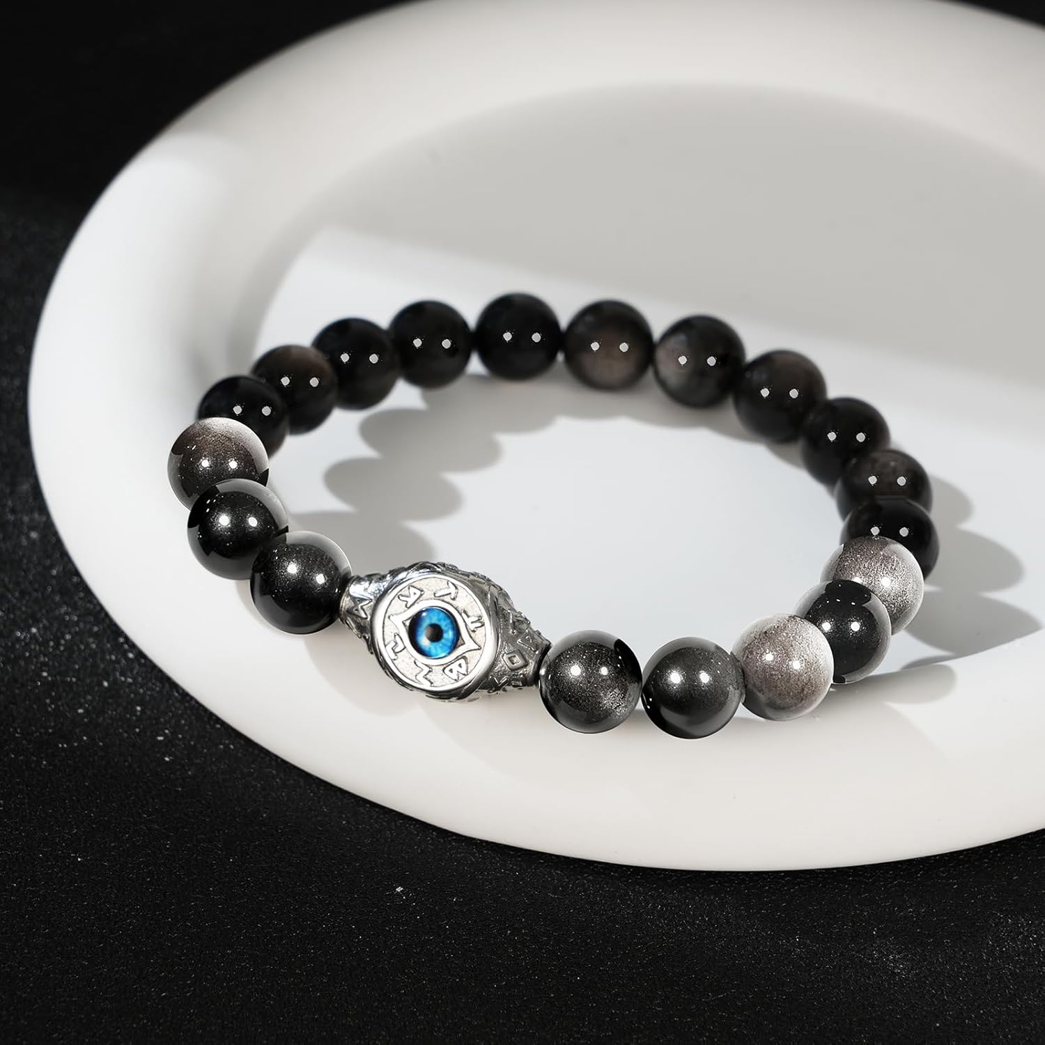 Men's Evil Eye Bracelet, 10mm Beaded Bracelet with Natural Gemstones, Adjustable Elastic Design, Gift for Anniversary, Christmas and Thanksgiving, Silver Obsidian/Tiger Eye/Hematite/Snowflake Obsidian/Black Agate