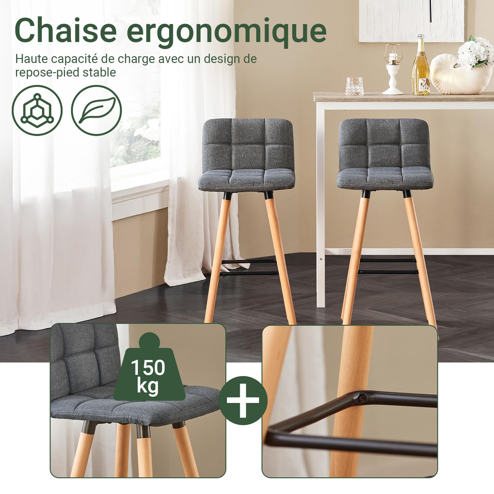 SoBuy Lot de 2 Tabourets de Bar, Assise Courbe rembourrée 68cm, 44x92x44cm