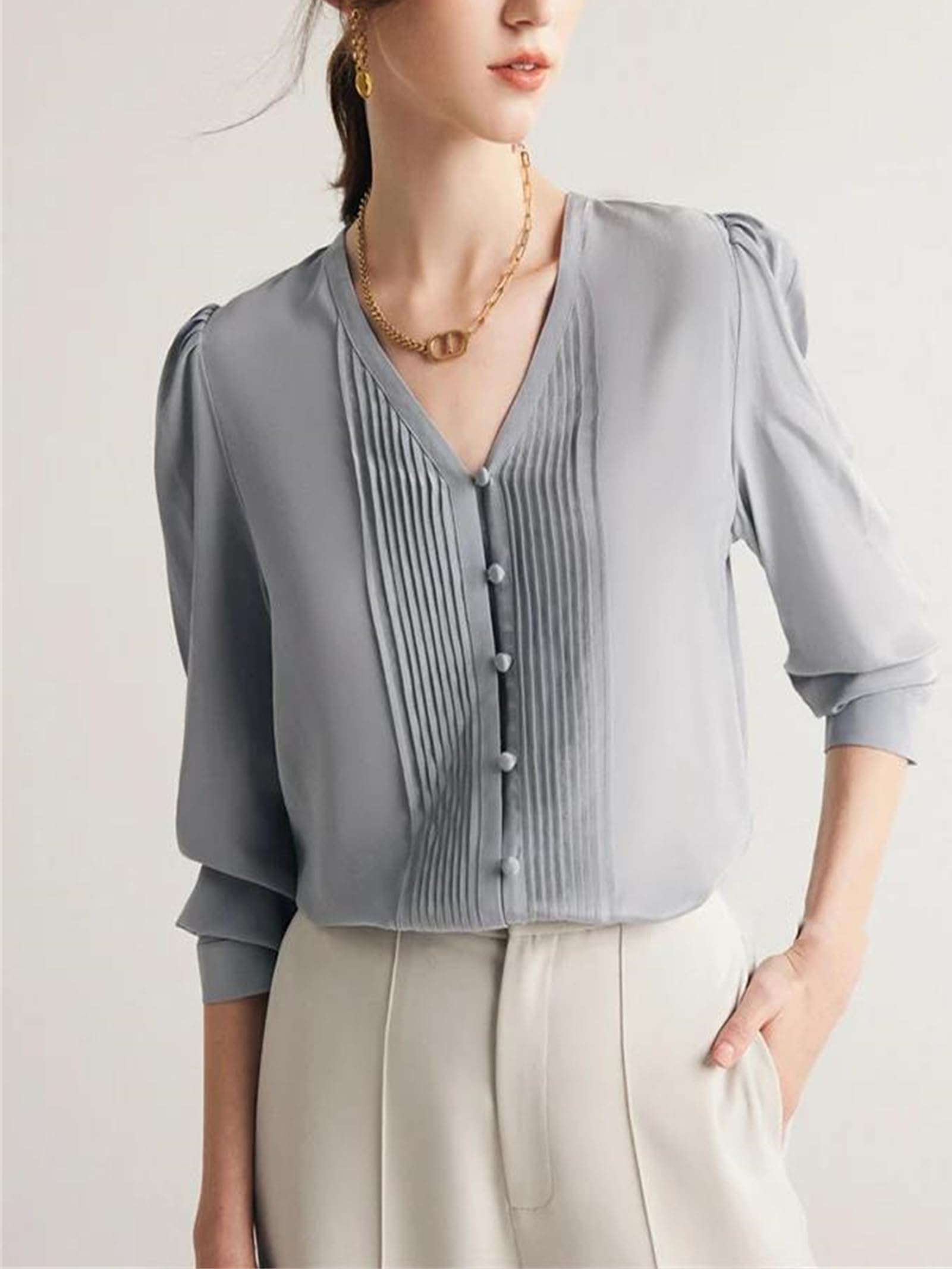 Camisas lisas de seda con cuello en V y manga larga para mujer, blusas elegantes para otoño e invierno, para la oficina