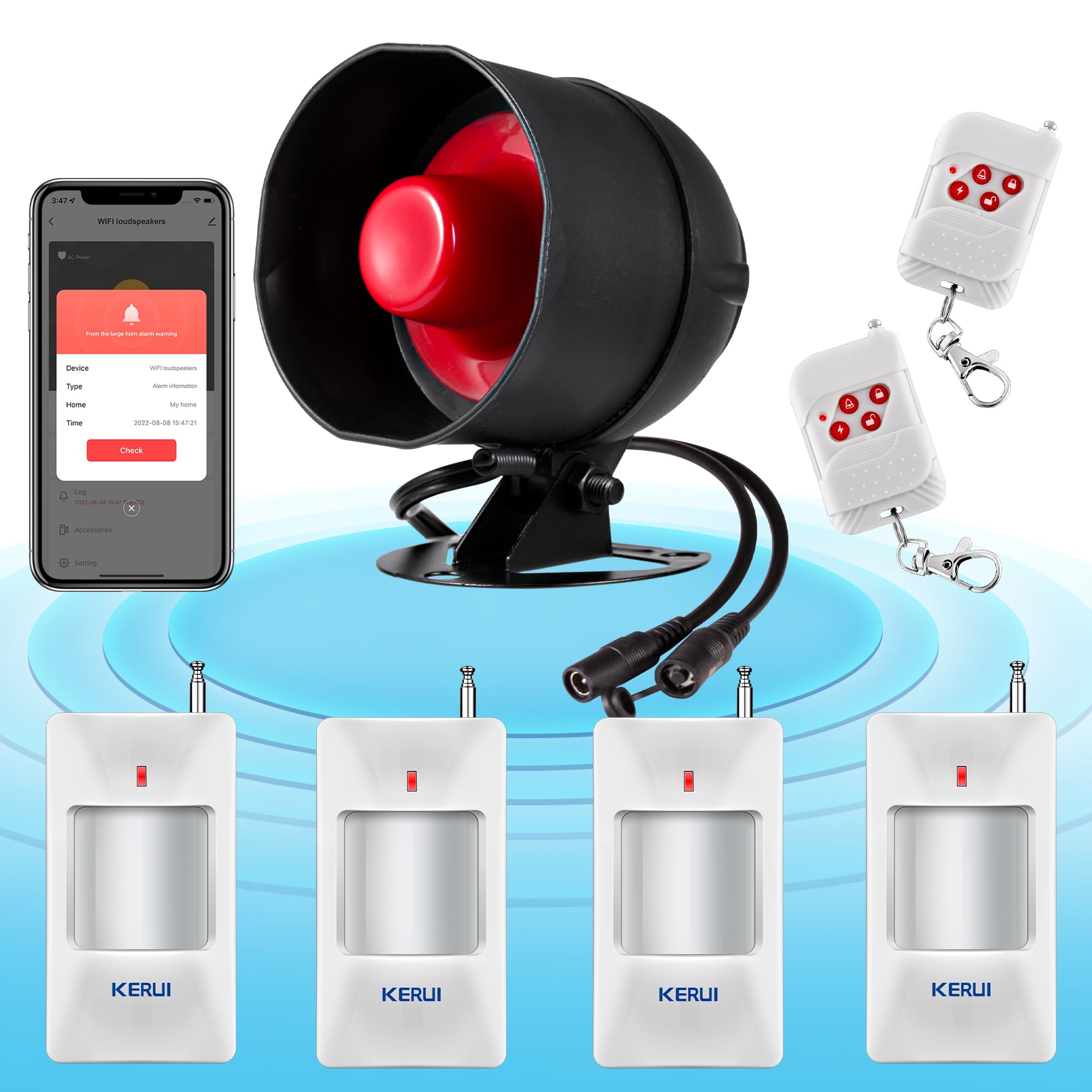 Système d'alarme WiFi 120 DB pour la sécurité de la Maison avec 4 détecteurs de Mouvement et télécommande pour abri de Jardin et Garage