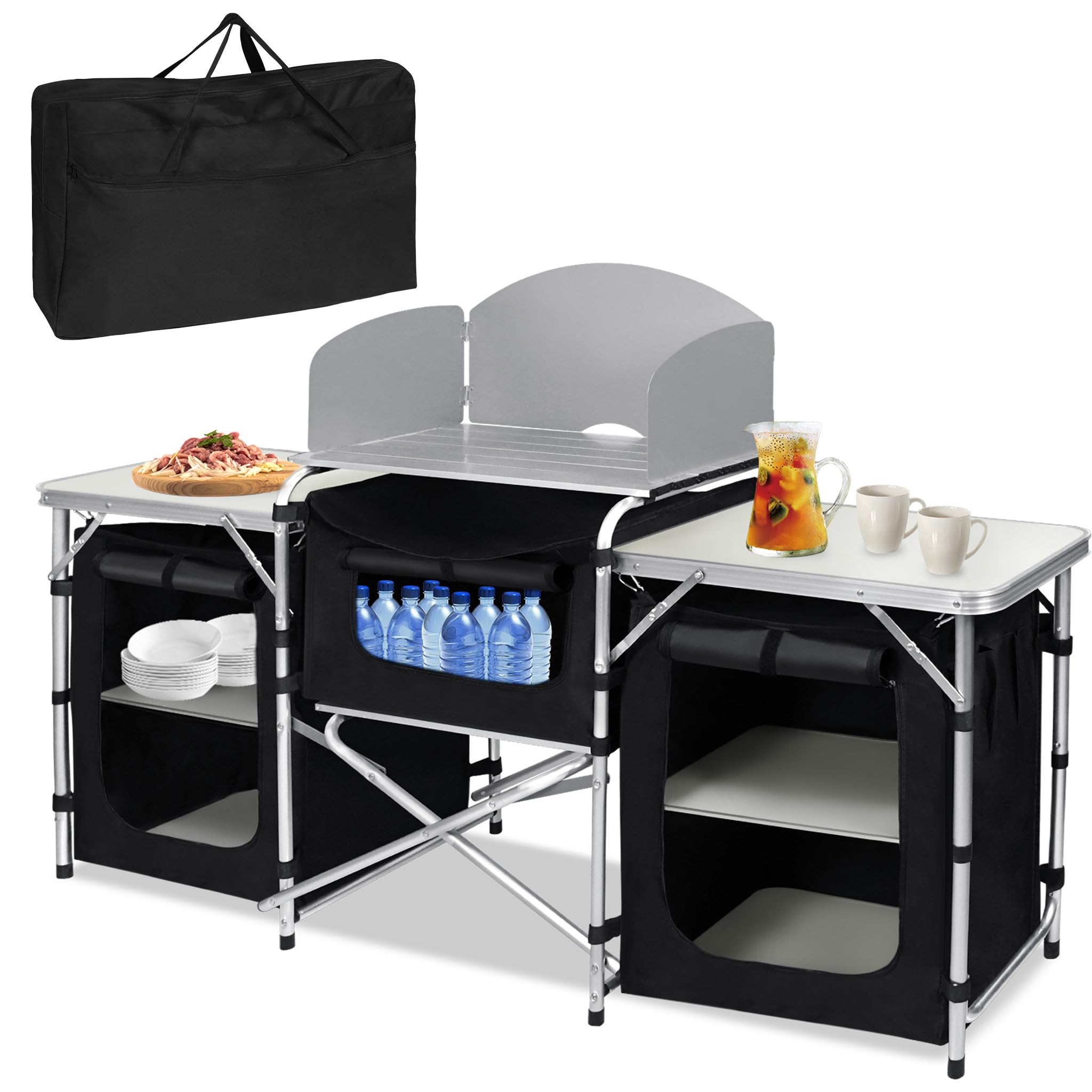 Armario de camping plegable de aluminio, cocina de camping con accesorio de mesa y espacio de almacenamiento, cocina de viaje para exteriores para camping y pícnic