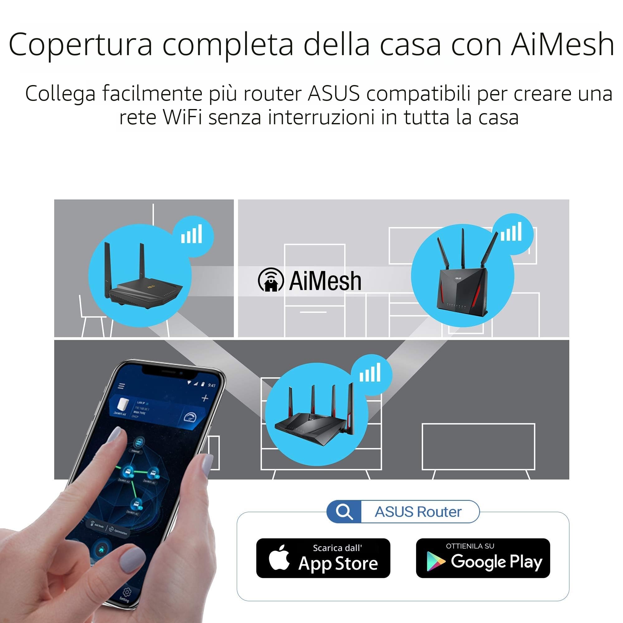 Asus Router AX1800 RT-AX55, WiFi 6, doppia banda, supporto MU-MIMO e OFDMA, sicurezza AIProtection, tecnologia Tren Mirco e compatibile con sistemi AIMesh
