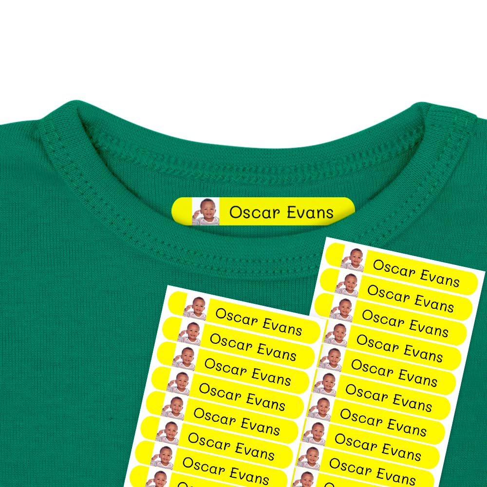 50 Etiquetas termoadhesivas para ropa personalizadas con foto o imagen, para marcar cualquier prenda con ayuda de la plancha. 6 x 1 cms. Color Amarillo Basico