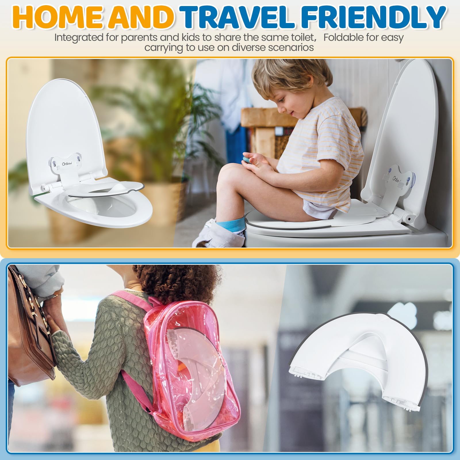 Orzbow Pliable Reducteur Toilette Enfant, Portable Réducteurs de Toilettes avec Barrière à L'urine, Universel Adaptateur Toilette Enfant avec Ventouse, Longueur Ajustable, Facile à Installer, Blanc