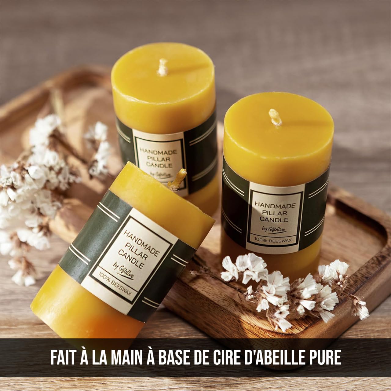 Set de 3 Bougies Pilier en 100% Pure Cire d'abeille - Durée de 21 heures Bougies Pilier sans Fumée avec Mèche en Coton - Cadeau pour les Amateurs de Bougies sans Parfum - Set of 3 Pillar Candles