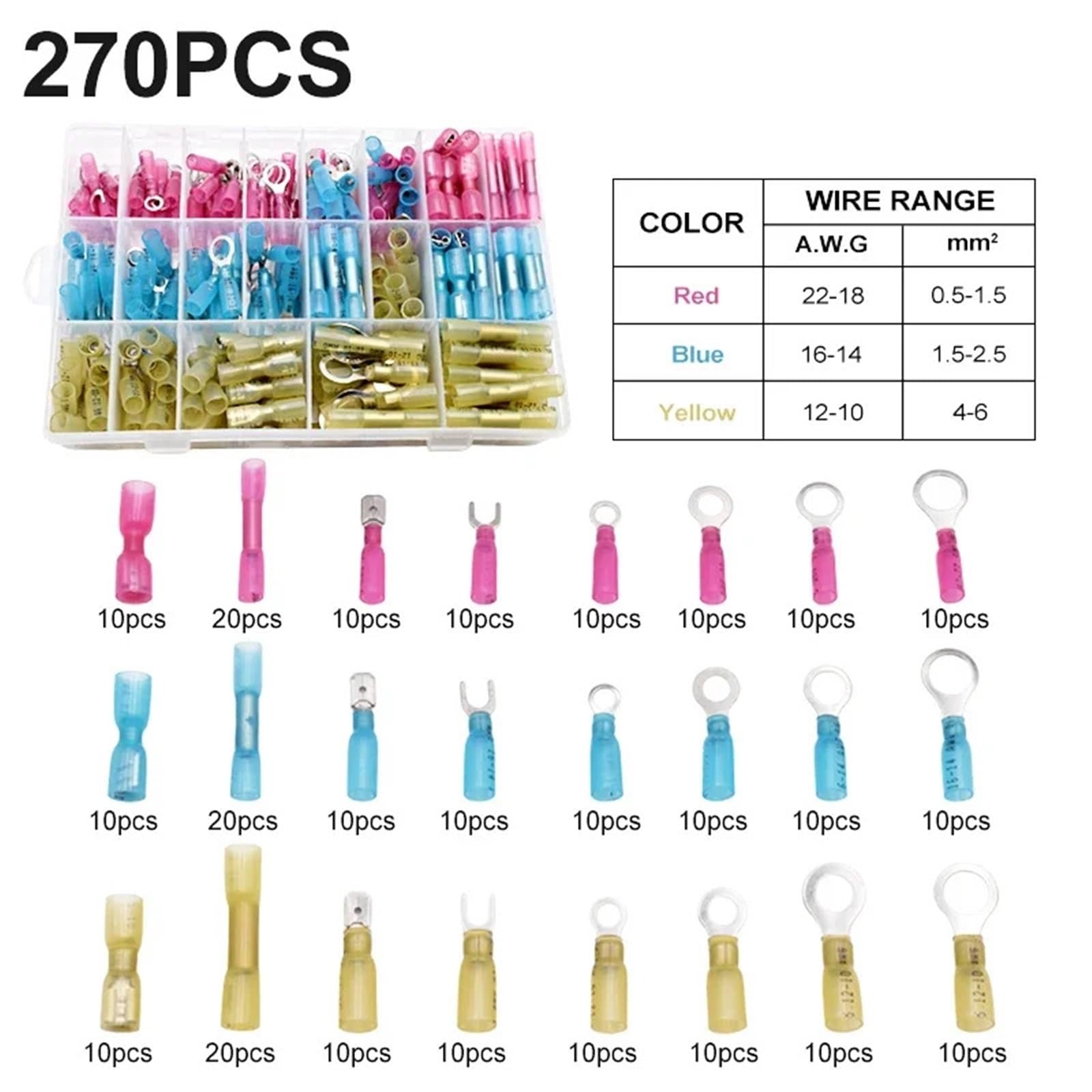 270 Uds Cable eléctrico termorretráctil manguitos de engarce anillo empalme horquilla Y juego terminales Kit conectores aislados Para Engarzar Bricolaje y Electricistas