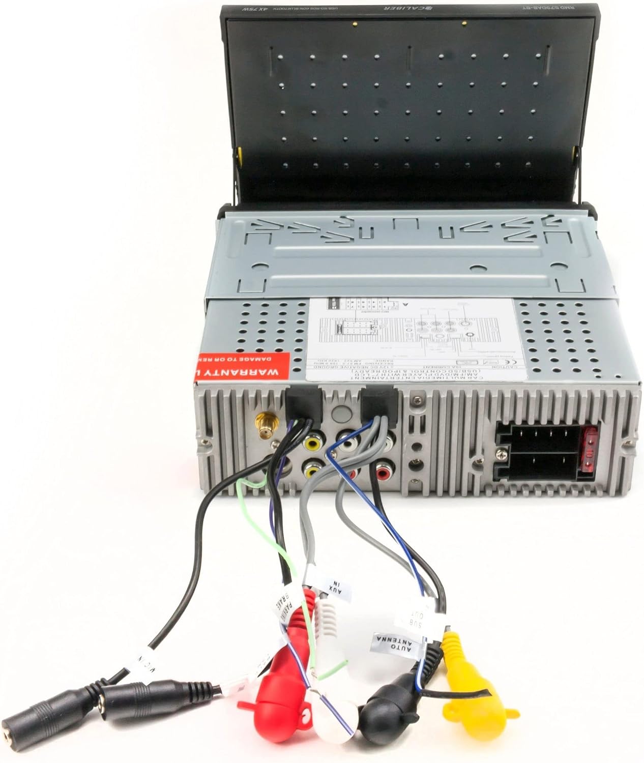 Rear view of Caliber RMD 579DAB-BT car radio showing various connection ports