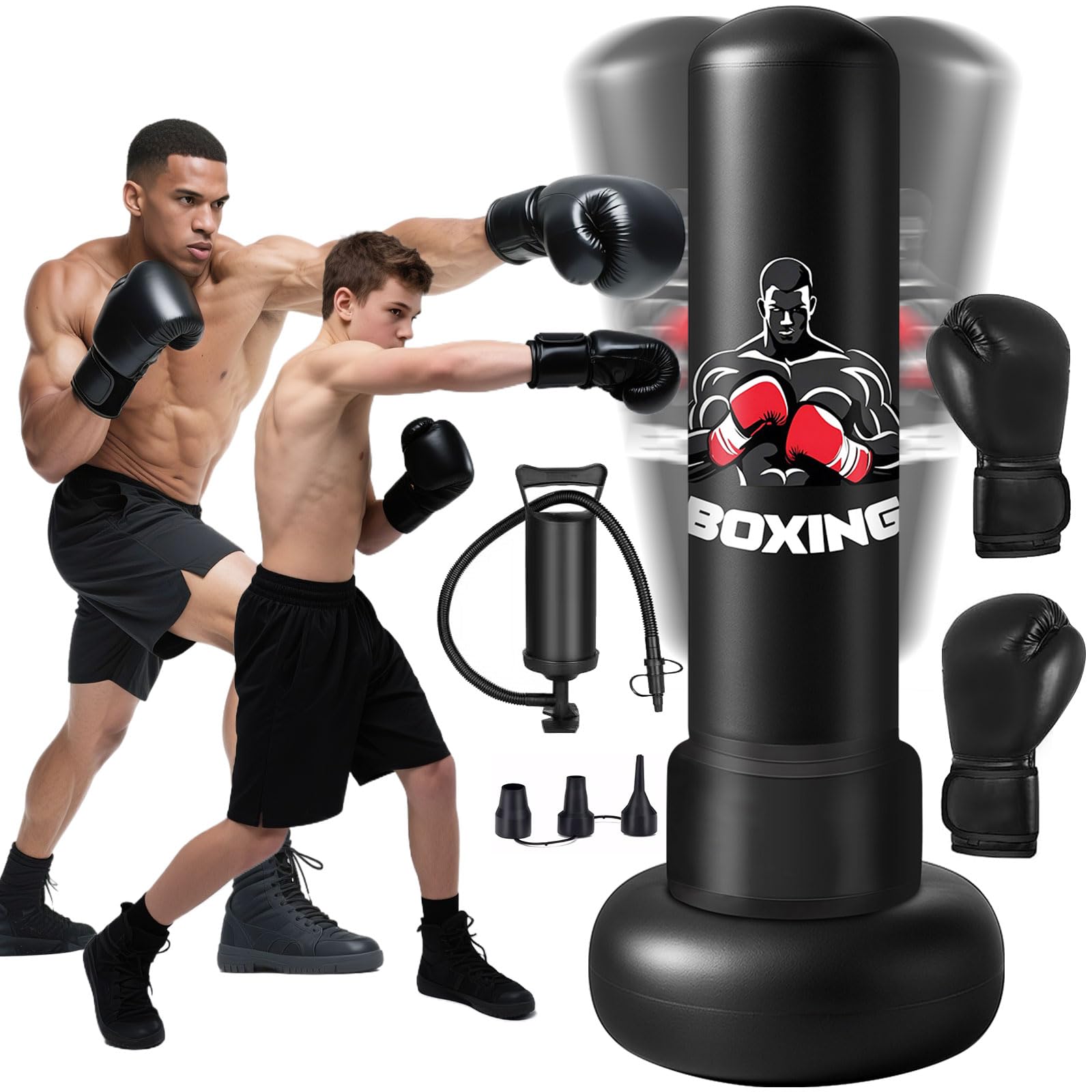 Qoosea Sacco da Boxe per Adulti, 180 cm Stabile Pungiball Adulti Gonfiabile con Guantoni da Boxe, Sacchi da Boxe Gonfiabile per Pratica di Taekwondo Muay Thai Karate MMA Fitness