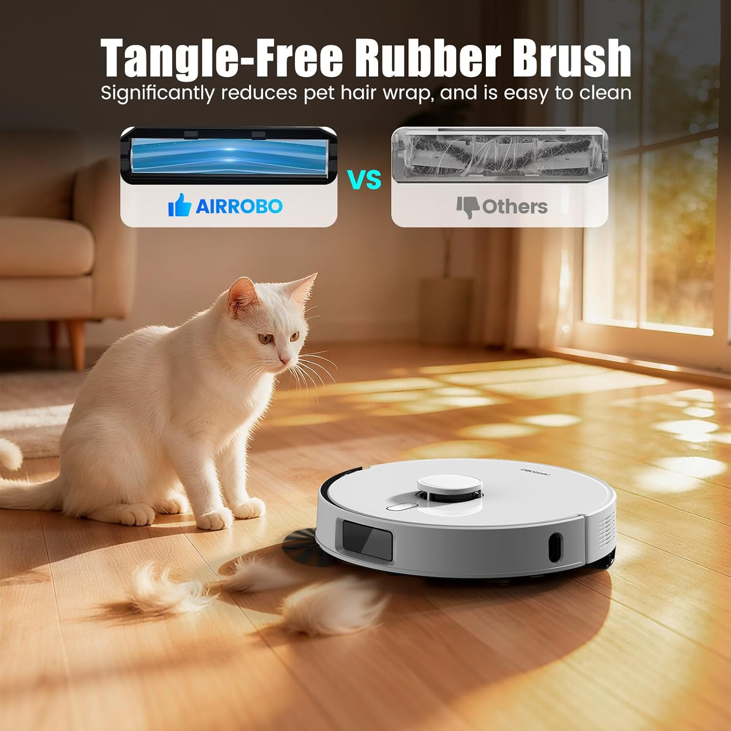 AIRROBO T30+ robot vacuum cleaning a floor with a cat nearby, highlighting the tangle-free rubber brush feature for pet hair.