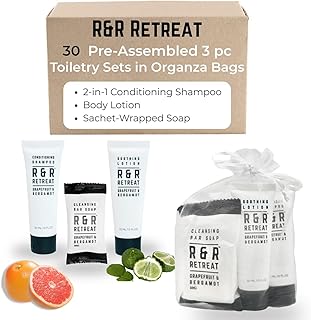 R&R Retreat Hotel Toiletry Sets - 30 Pre-Assembled 3-Piece Guest Amenities in Organza Bags - 2-in-1 Conditioning Shampoo, Body Lotion & Sachet-Wrapped Soap - Grapefruit & Bergamot Scent