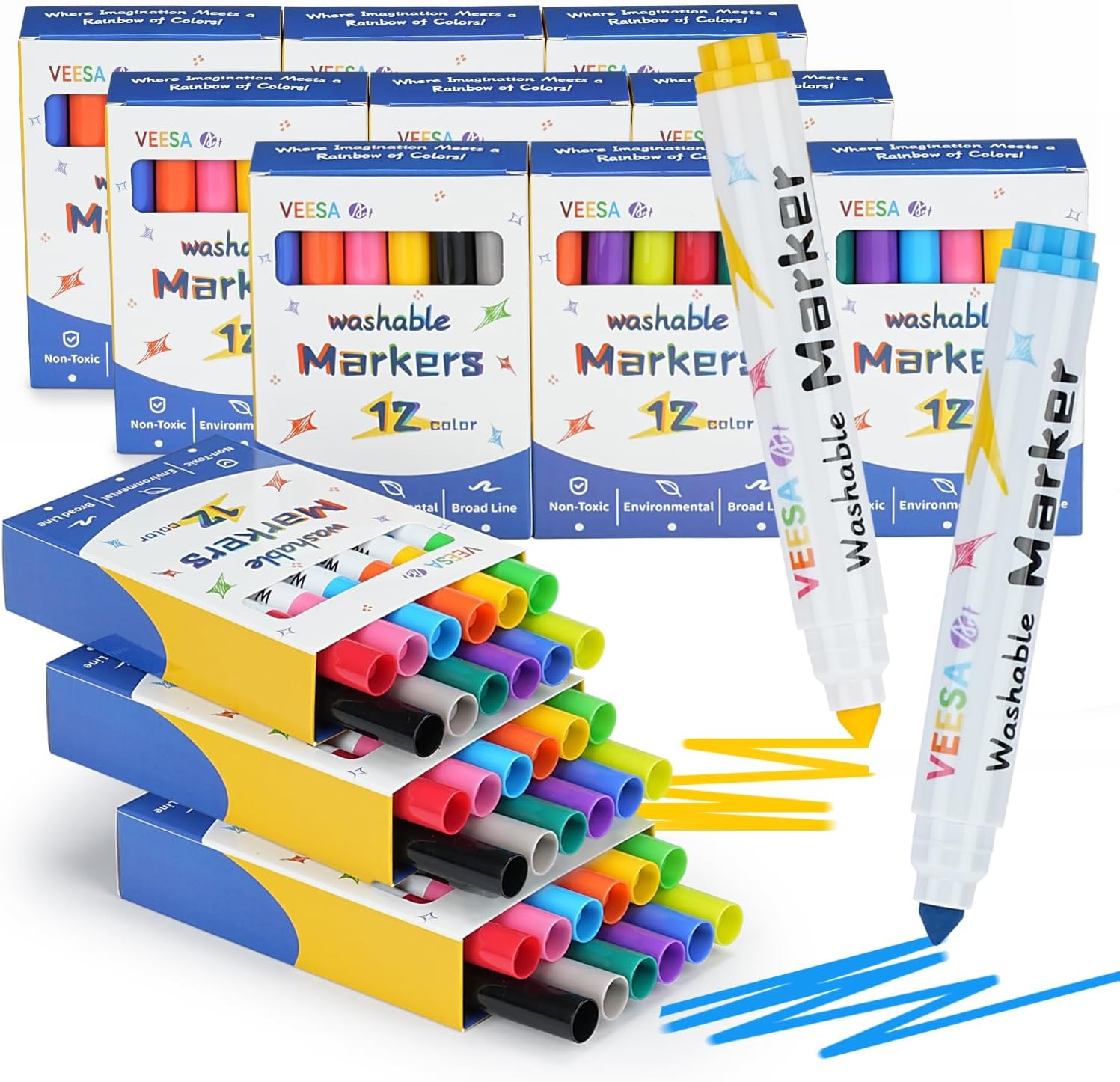 veesa washable markers bulk - 12 boxes of 12 vibrant colors (144 total) - broad line markers for kids, teacher, classroom must have, christmas gift