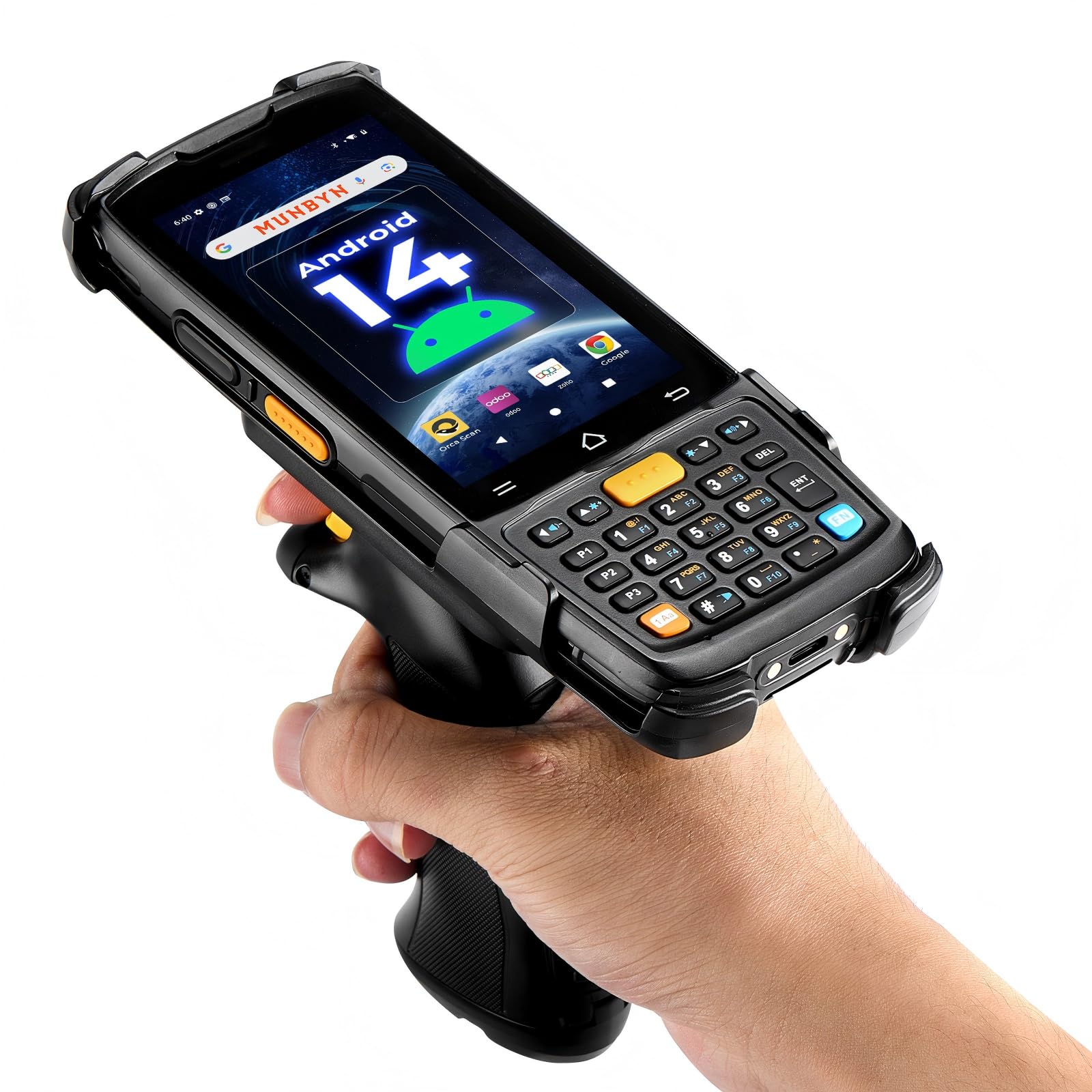 MUNBYN MC005 PDA mit Pistolengriff, Android 14, 4GB+64GB, HS7 1D/2D Barcode-Scanner, 4" Touch, 5000mAh, für Lager & Inventur