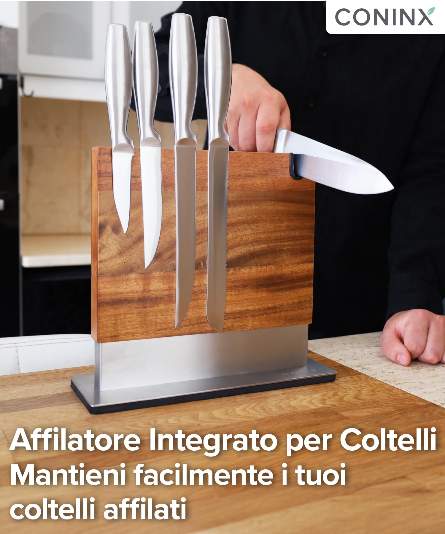 Coninx Ceppo Portacoltelli Magnetico con Affilatore Integrato – Portacoltelli in Legno di Acacia – Portacoltelli universale con Base Antiscivolo per Piano di Lavoro della Cucina