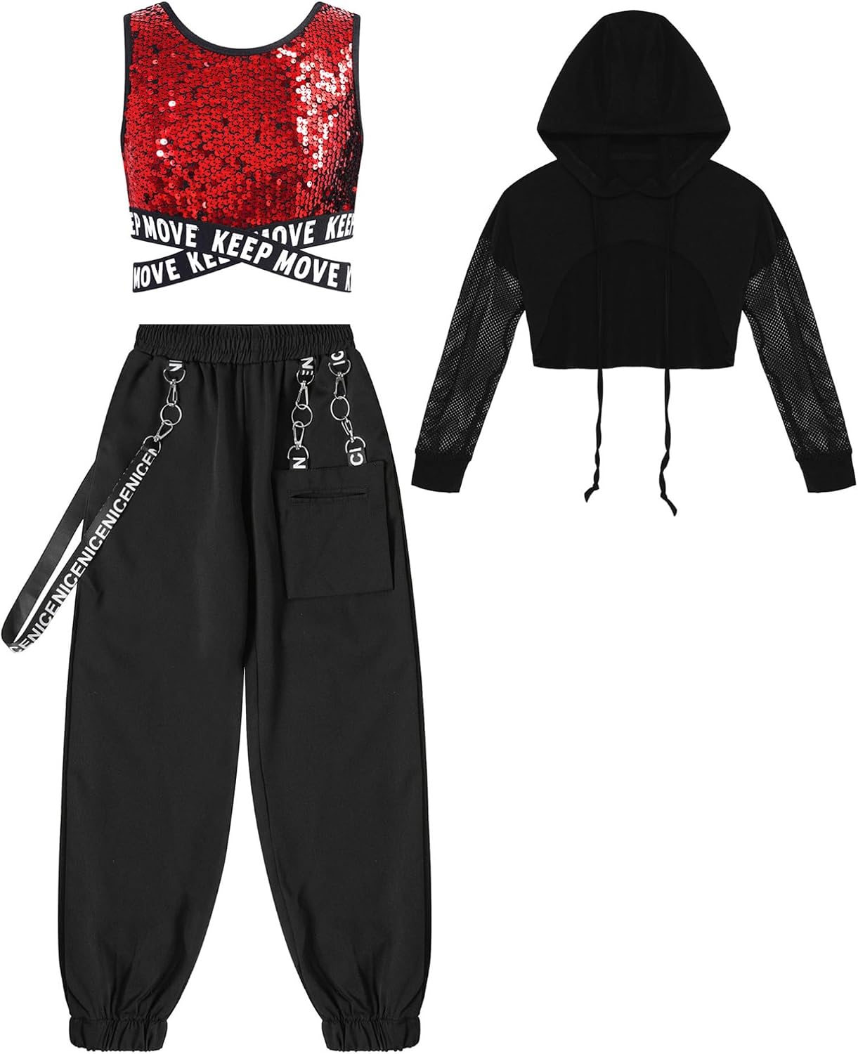 iiniim Kids Girls 3 Piece Tracksuit Shiny Crop Tops Hoodie and Jogger Pants Set Hip Hop Modern Jazz Street Dancewear Red&Black 10 Years