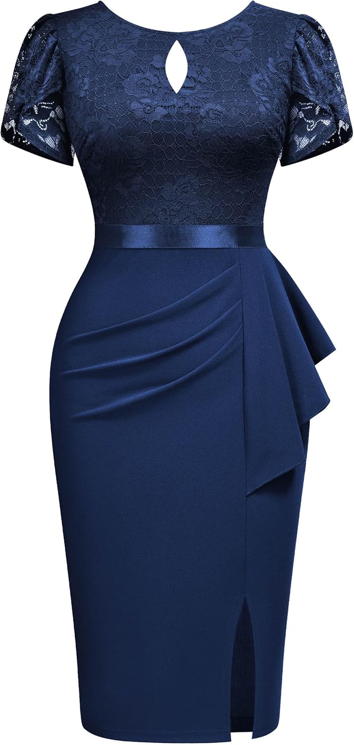 Miusol Women's Elegant Scoop Neck Puff Sleeve Floral Lace Ruffle Style Cocktail Party Dress - Image 5