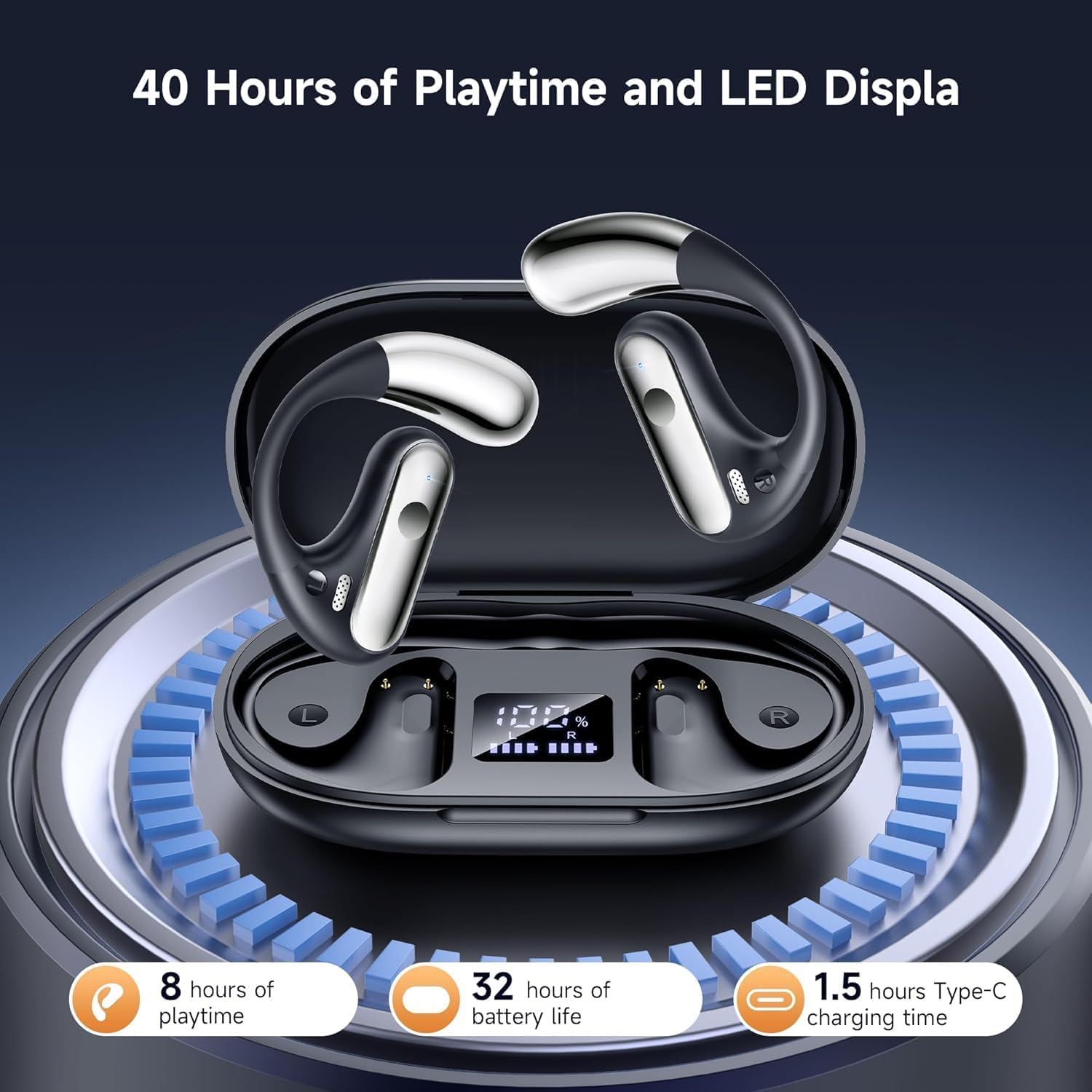 Open Ear Bluetooth 5.4 Earhook Headphones, 40Hrs Sport Earbuds, Stereo Deep Bass Sports Ear Buds Built in Mic, LED Display Charging Case, IPX7 Waterproof Earphones with Earhooks for Running, Black