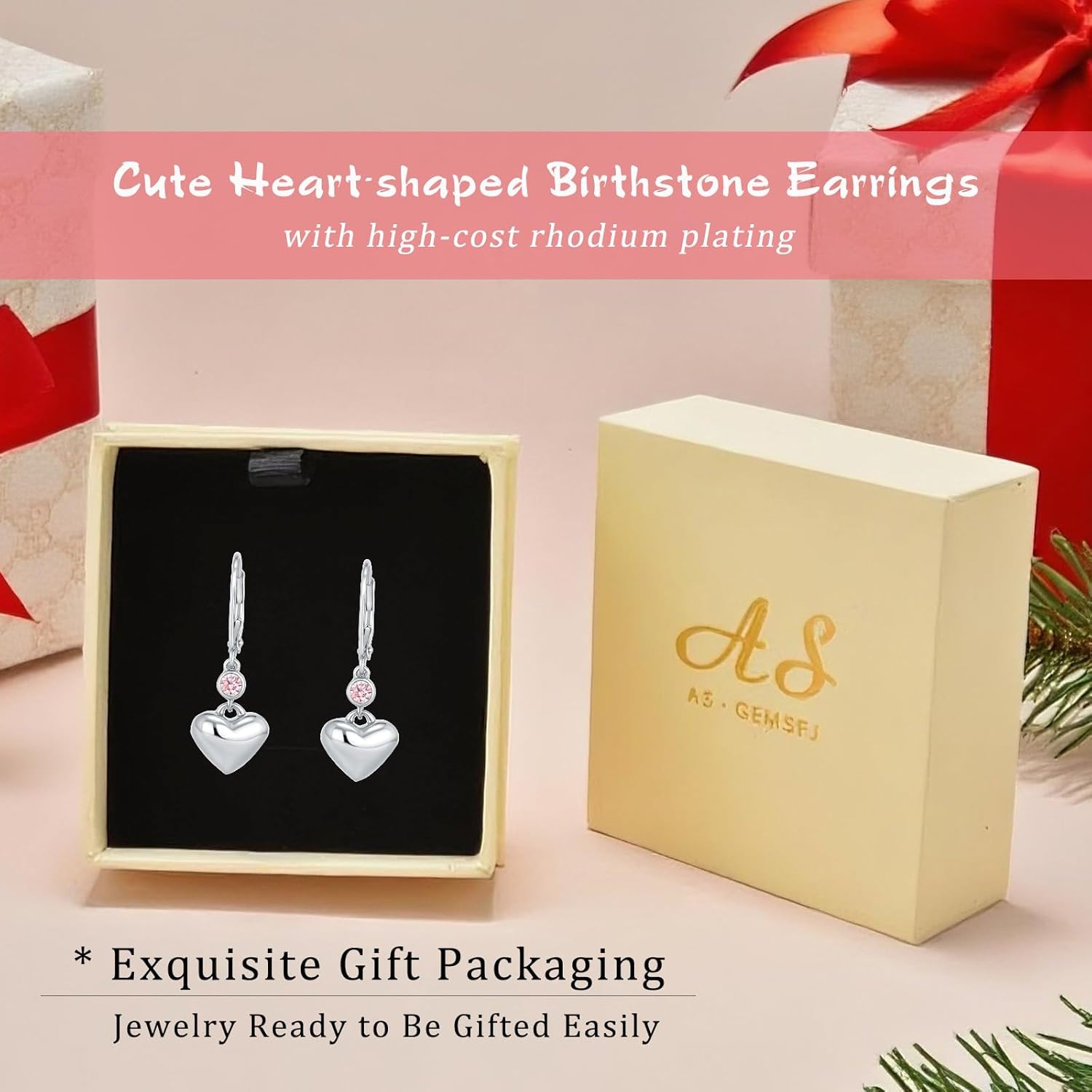 925 Sterling Silver Birthstone Heart Earrings for Women Teen | Lovely Birthday Gifts |14K Gold Plated Dangle Leverback Earring Hypoallergenic Jewelry for Sister Friends Bridesmaid