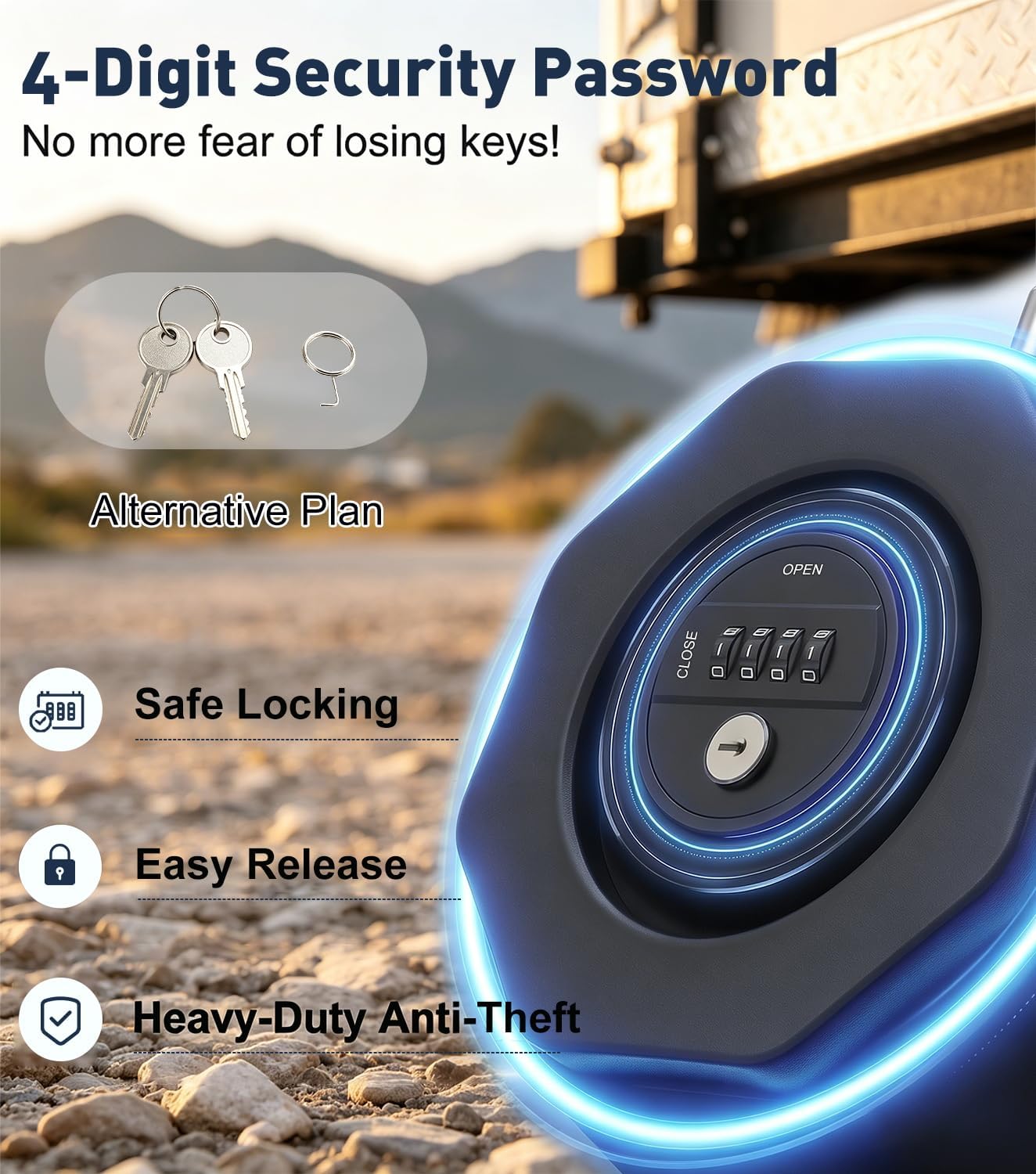 2 5/16" Anti-Theft Trailer Lock, 4-Digit Combination Trailer Hitch Lock with Handle & Keys, Heavy Duty Anti-Theft Steel Coupler Lock for Trailers RV, Boat, Camper