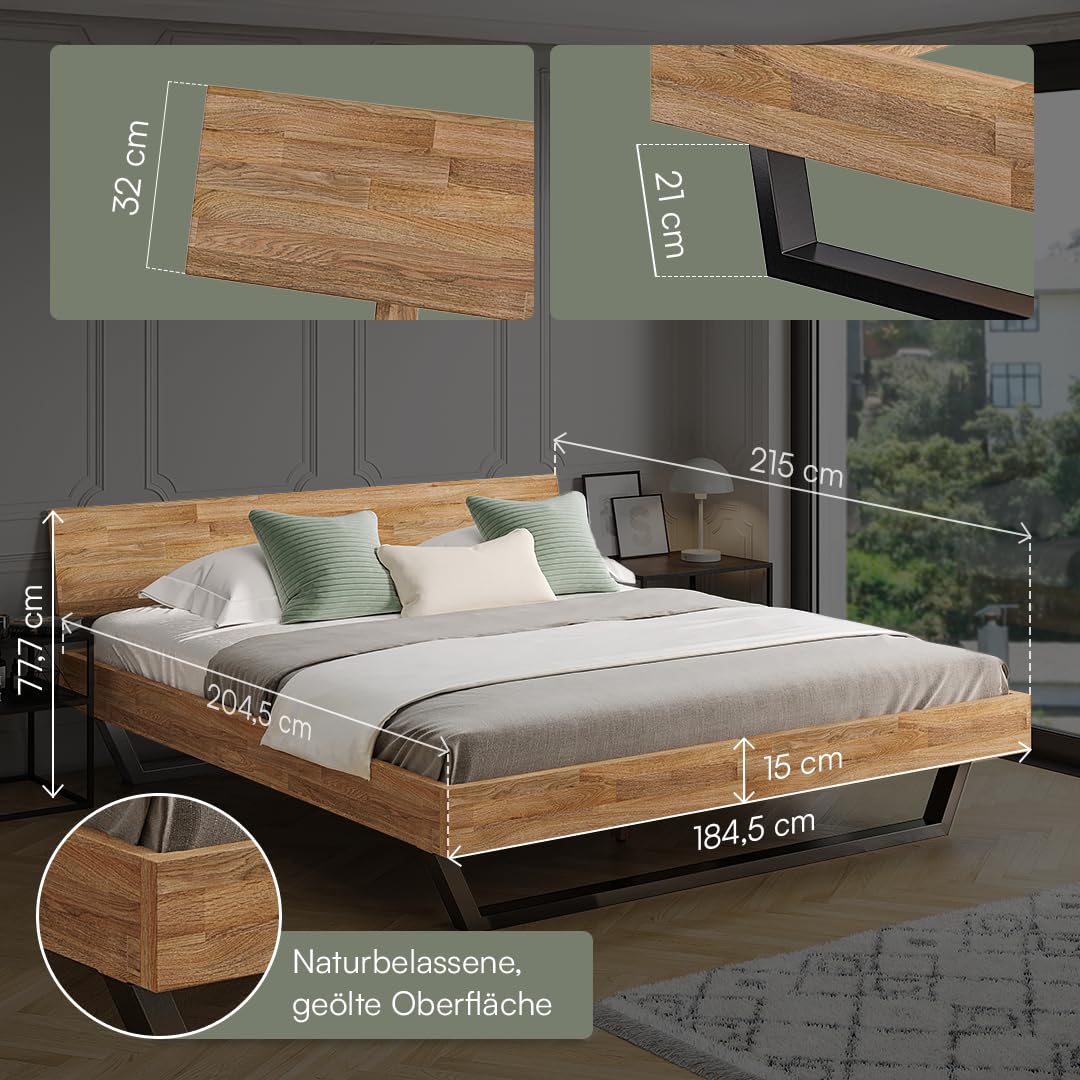 skølm Alver Massivholzbett 180x200 cm – Bettgestell aus Massivholz Eiche geölt – Holzbett mit schwarzen Metallkufen – hochwertiges Bett mit 1 Strebe als Bettkopf – Bettrahmen geeignet als Doppelbett