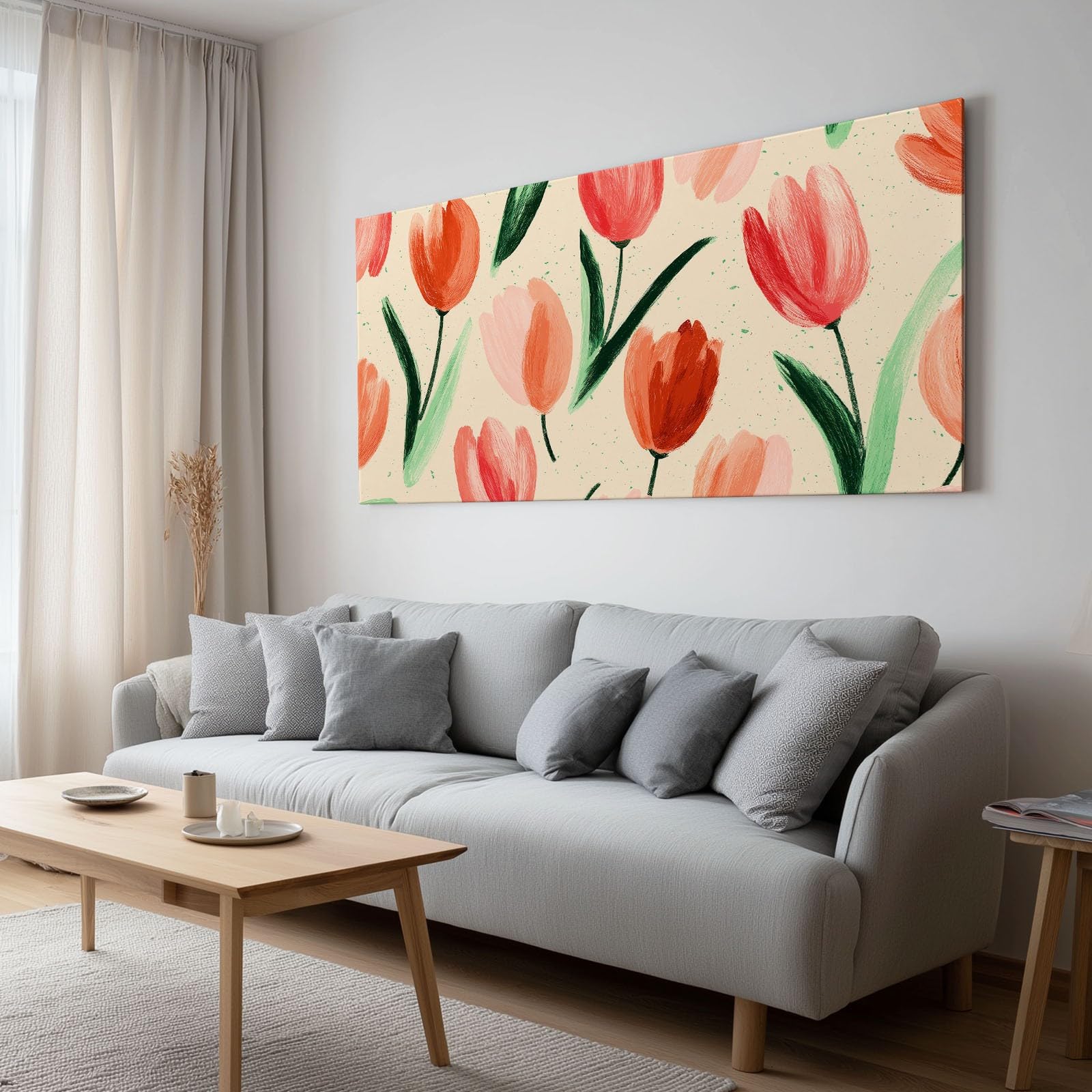 Generisch Verträumt Aquarell Botanisch Tulpe Modernes Leinwandbild 140L x 70B cm mit Rahmen, Vintage Stil XXL Wanddeko für Wohnzimmer Geschenk Idee Einzug - Hochwertiger Kunstdruck auf Holzrahmen