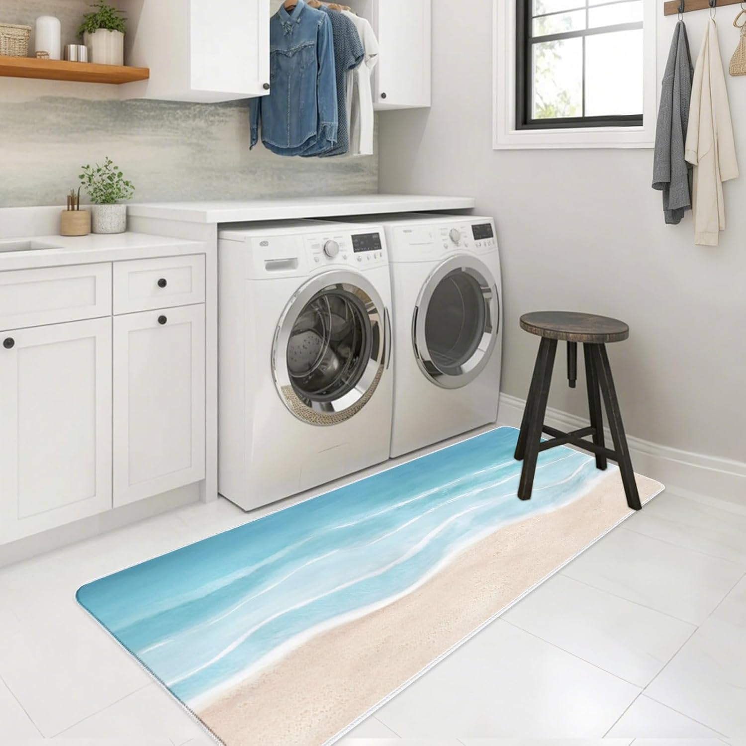 Summer Blue Beach Kitchen Mats Set of 2 Coastal Nautical Watercolor Gradient Ocean Waves Non Slip Mat Washable Floor Rug for Kitchen Sink Floor Laundry, 20"x24"+20"x48"