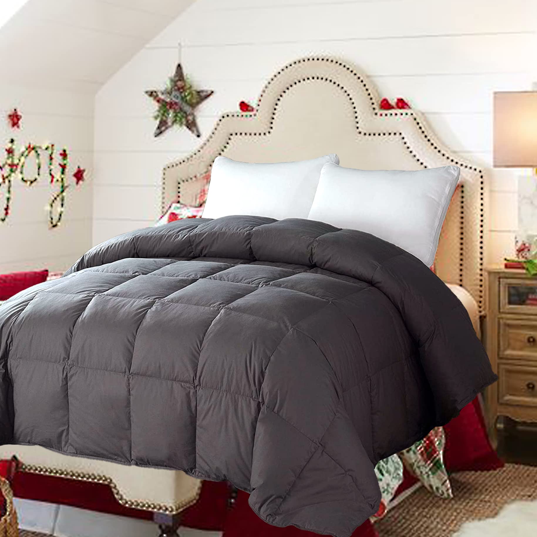 DOWNCOOL Bed Feather Comforter Oversize Queen Filled with Feather & Down, Gray Quilted Feather Comforter with Cotton Cover– All Season Fluffy Duvet Insert or Stand-Alone