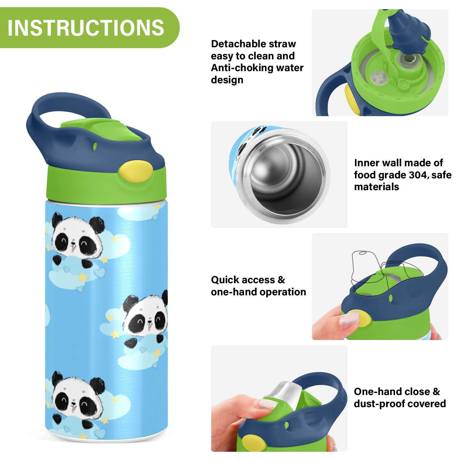 Borraccia Termica Bambini Con Panda – Acciaio Inox 304, 350ml, Isolata Sottovuoto, Con Cannuccia, Per Scuola E Sport