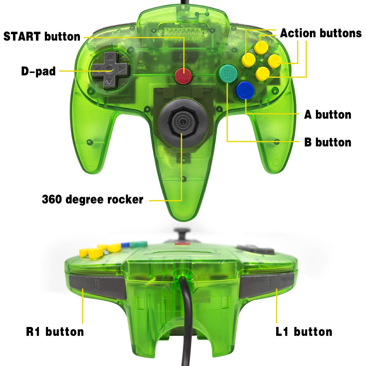 Wired Controller for Nintendo 64 N64 Console, Upgraded Joystick Classic Video Game Gamepad（1 Clear Green）