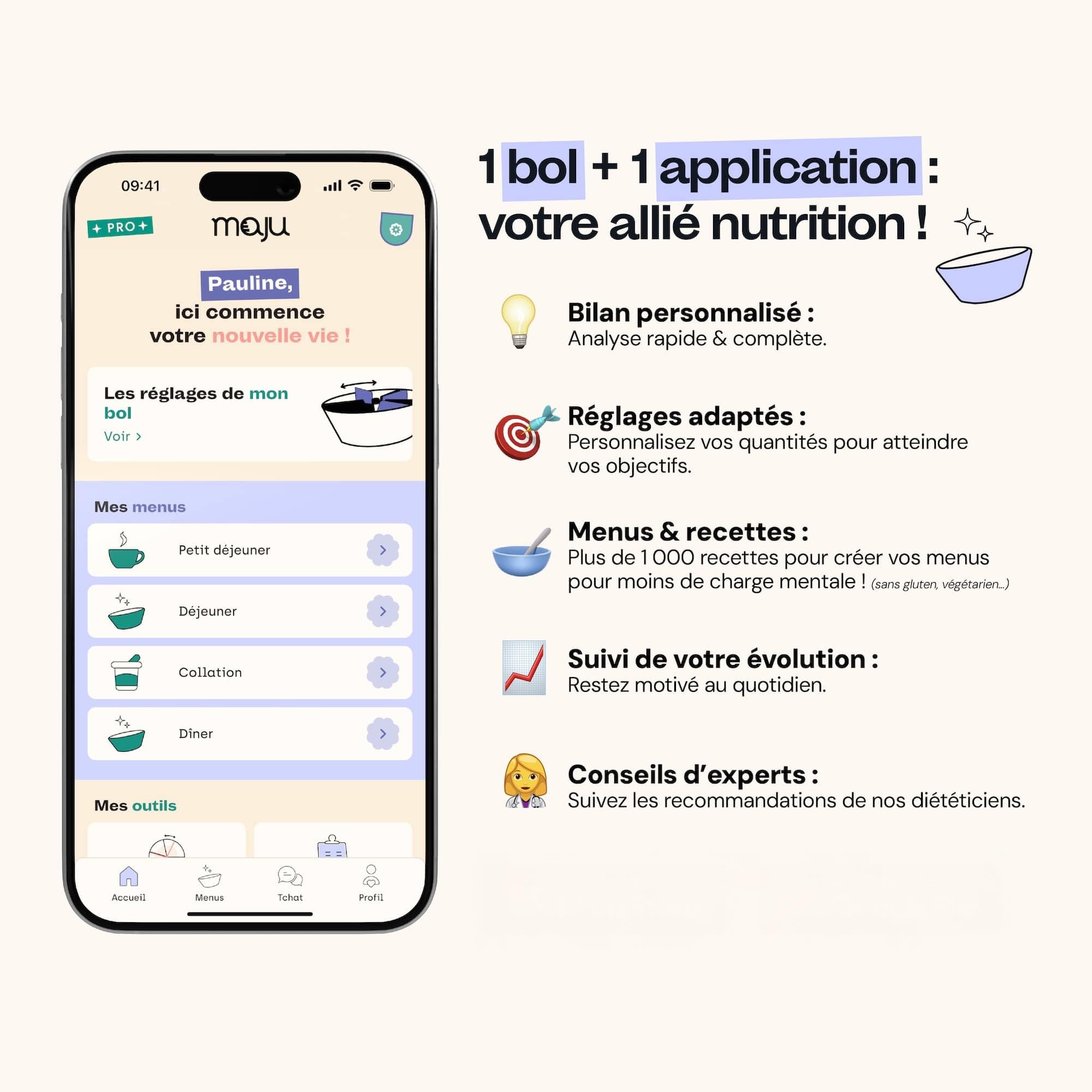 maju bol lunch box | Lunch box à compartiments ajustables + 1 bilan nutritionnel | Perte de poids & rééquilibrage alimentaire | Hermétique, Compatible micro-ondes & lave-vaisselle | Made in France
