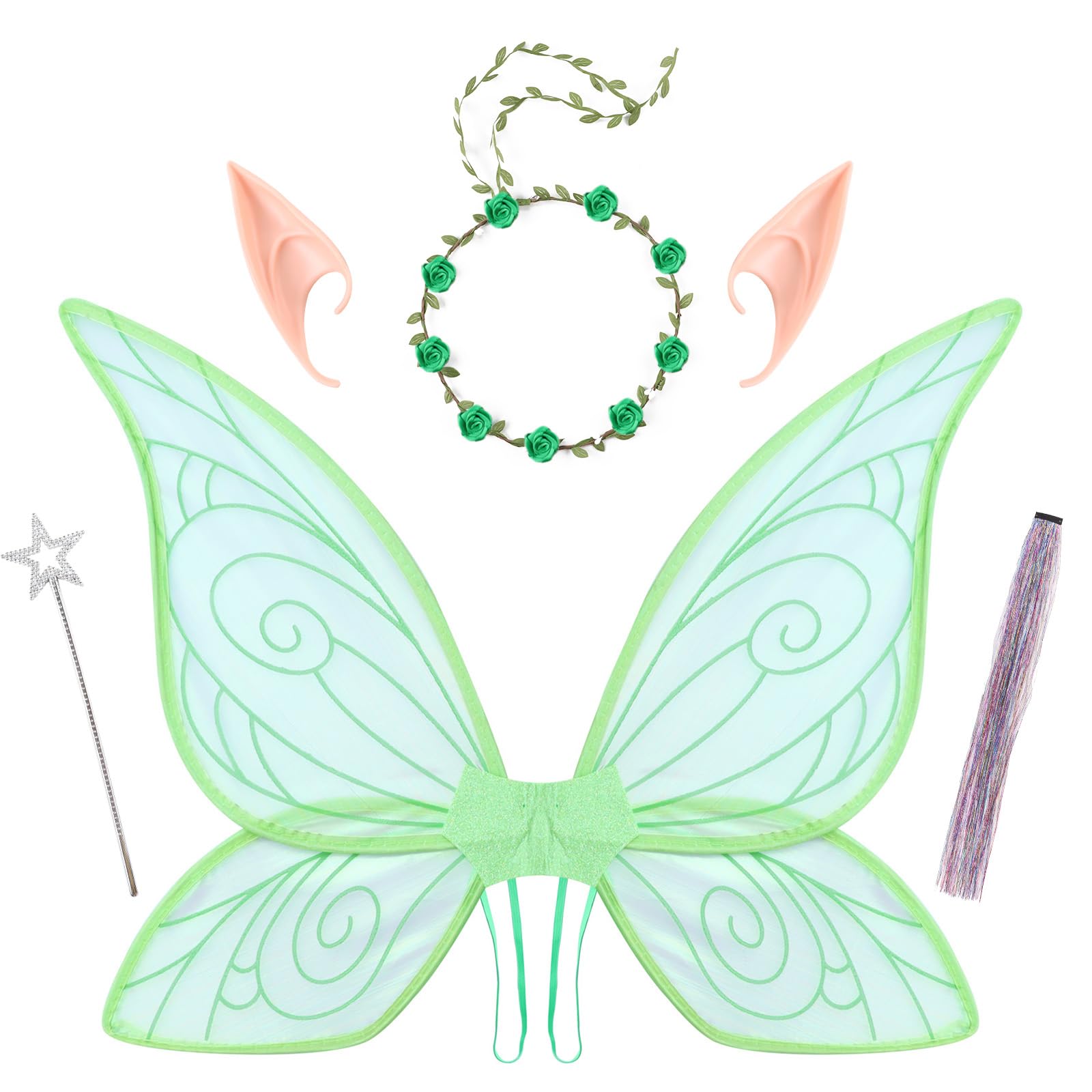 PESAAT Fairy Wings for Adult Sparkling Sheer Girls Butterfly Wings with Fairy Hair Tinsel,Elf Ears,Flower Garland,Wand