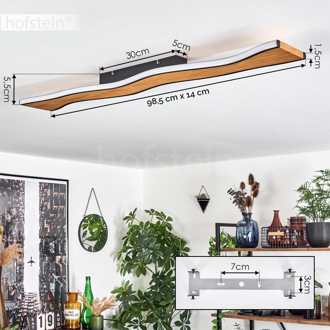 HOFSTEIN LED Deckenleuchte Malling, dimmbare Deckenlampe aus Metall/Holz/Kunststoff in Schwarz/Natur/Weiß, Leuchte im modernen Design, 40 Watt, 2100 Lumen, 3000 Kelvin, dimmbar über Lichtschalter