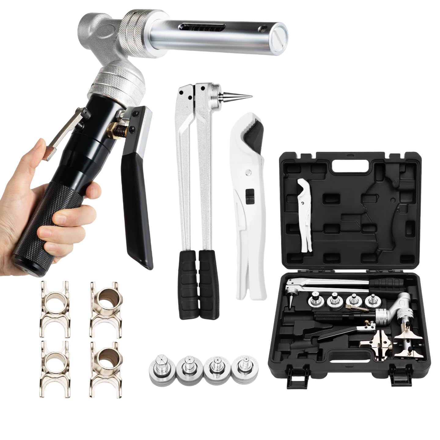 16-32 mm Herramienta de alicates de prensado, kit deslizante hidráulico 3t, alicates de prensa de tubos con 4 matrices, expansor de tubos y cortatubos, herramienta de prensado para tubos PEX