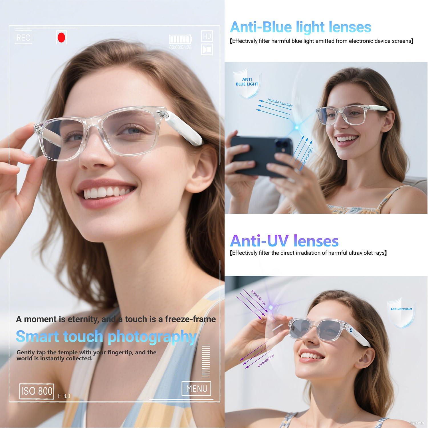 LONGLU Lunettes intelligentes – Traduction IA en temps réel via application, appels Bluetooth 5.4/musique, contrôle tactile léger, lumière bleue et protection UV (monture noire – lentille grise)