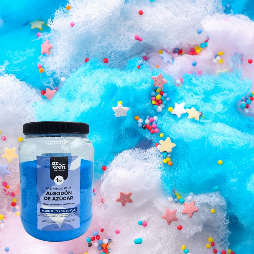 Azucren, Azúcar para Máquina Algodón, Sabor a Frutas del Bosque, Perfecto para Hacer Algodón de Azúcar, Cocteles divertidos, Torrijas y Muchas más Creaciones de Color Azul, 1 Kg